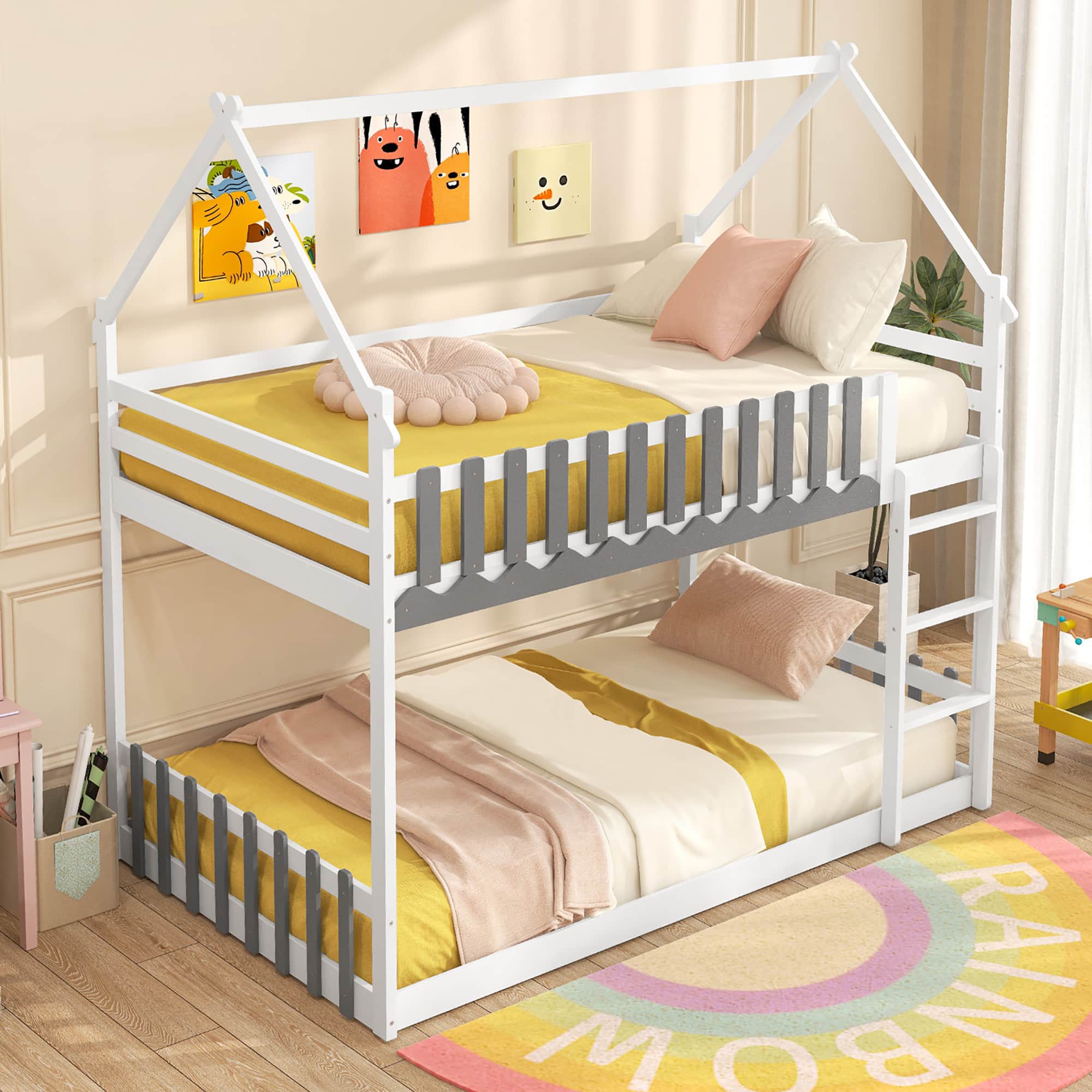 Gymax - Twin Over Twin Bunk Bed w/ Fence & Ladder Solid Wood Floor Bunk Bed for Kids White - White, Gray
