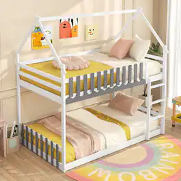 Gymax - Twin Over Twin Bunk Bed w/ Fence & Ladder Solid Wood Floor Bunk Bed for Kids White - White, Gray