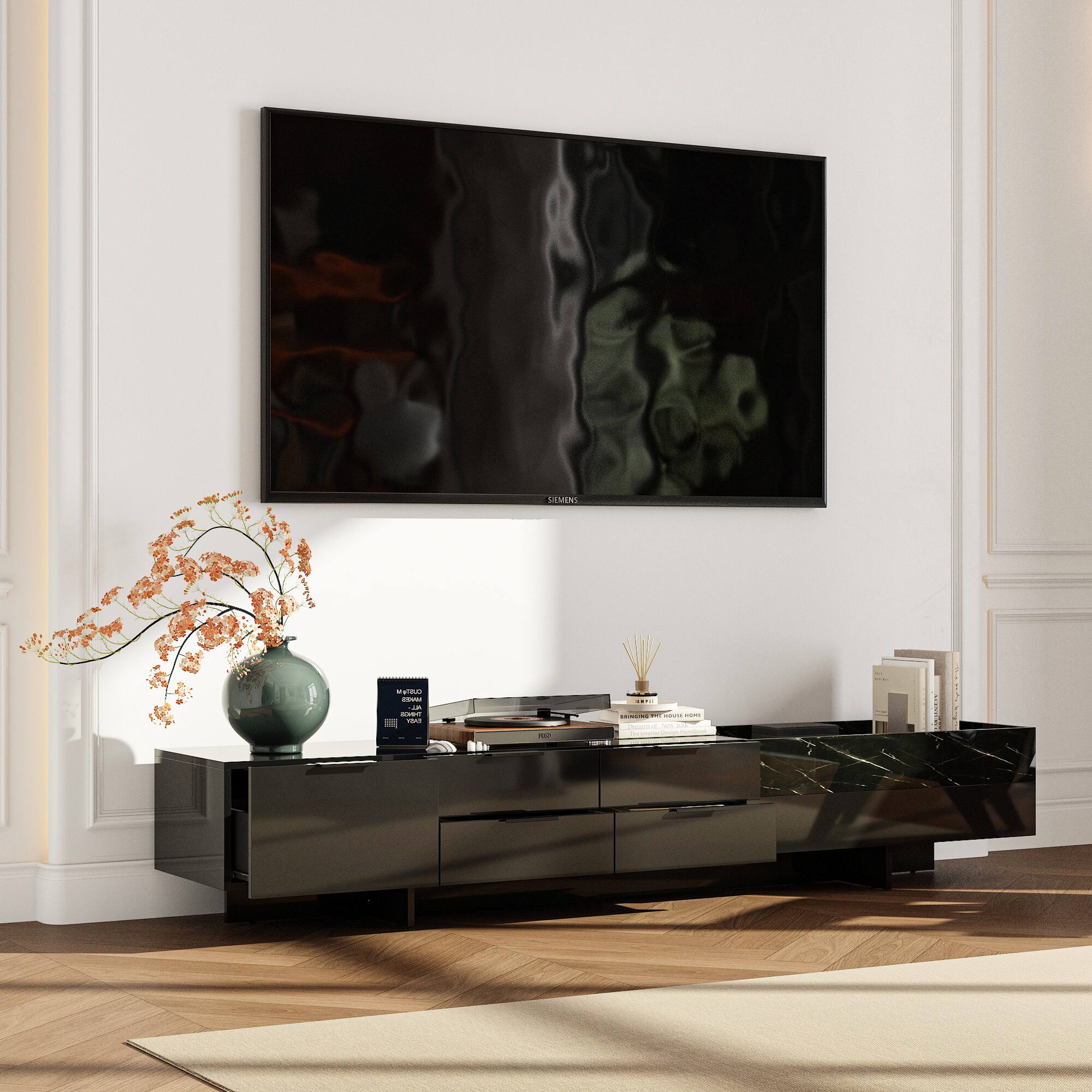 Alt View 4. FUFU&GAGA - Modern High-Gloss Marble TV Stand for 75-Inch TV – Luxury Entertainment Console with Ample Storage - Black.