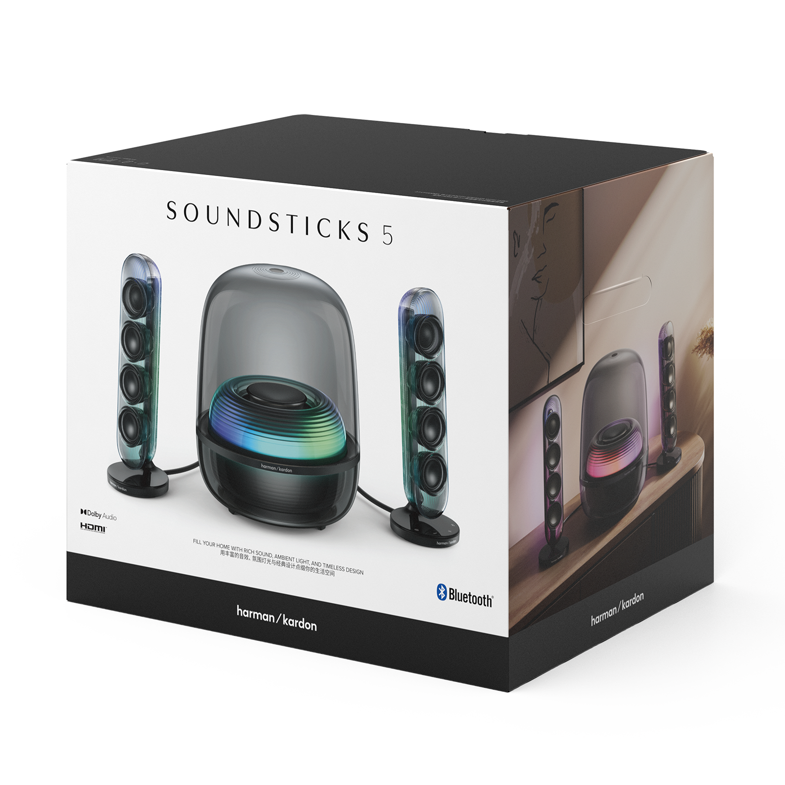 SOUNDSTICKS 5  
harman kardon  
WDoby Audio HDMI  
FILL YOUR HOME WITH RICH SOUND, AMBIENT LIGHT, AND TIMELESS DESIGN  
Bluetooth  
harman/kardon