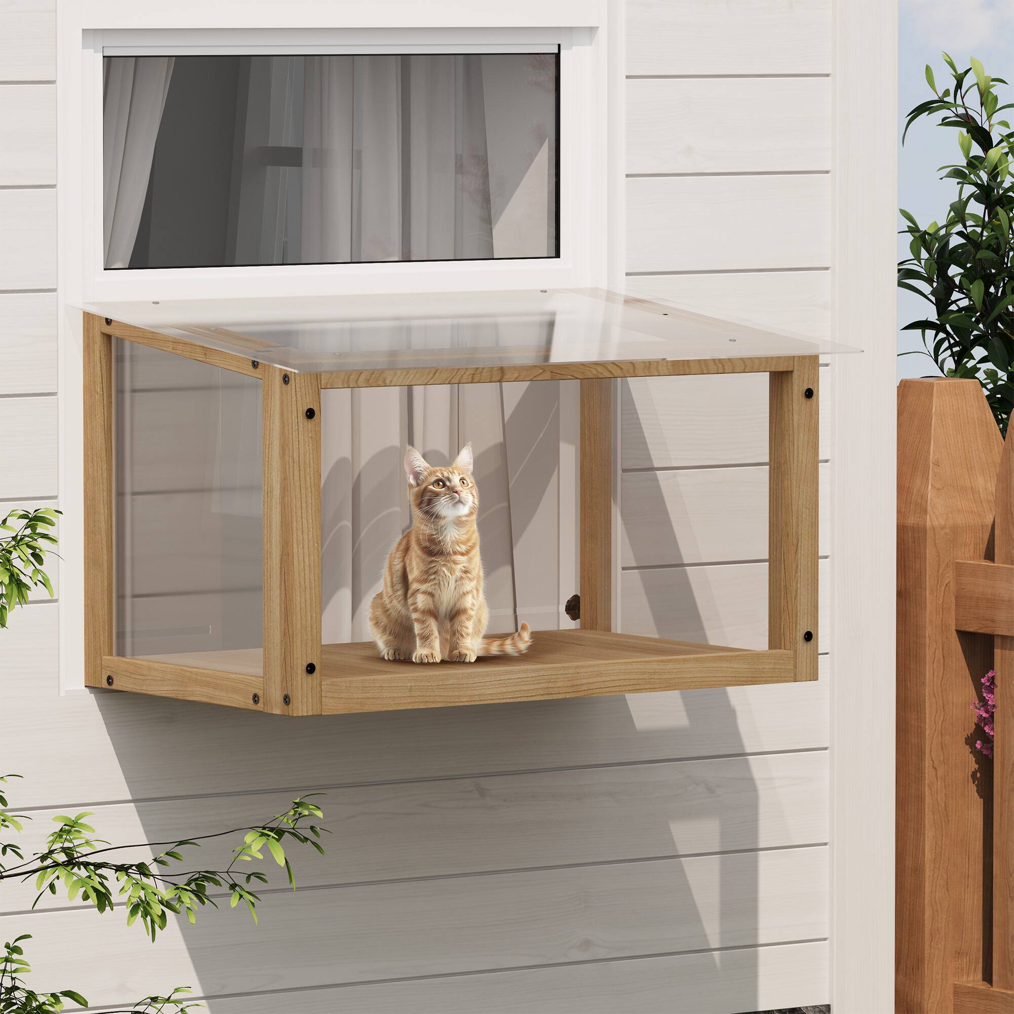 Angle. Dexmalle - Dexmalle-24-35W in Window,Waterproof Window Cat Perch Catio-Natural Wood.