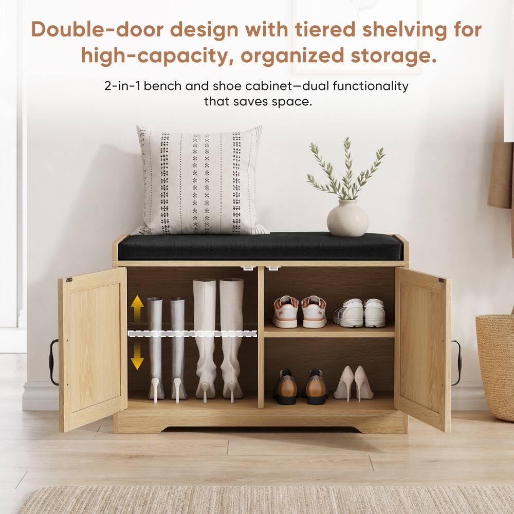 Double-door design with tiered shelving for high-capacity, organized storage.  
2-in-1 bench and shoe cabinet—dual functionality that saves space.