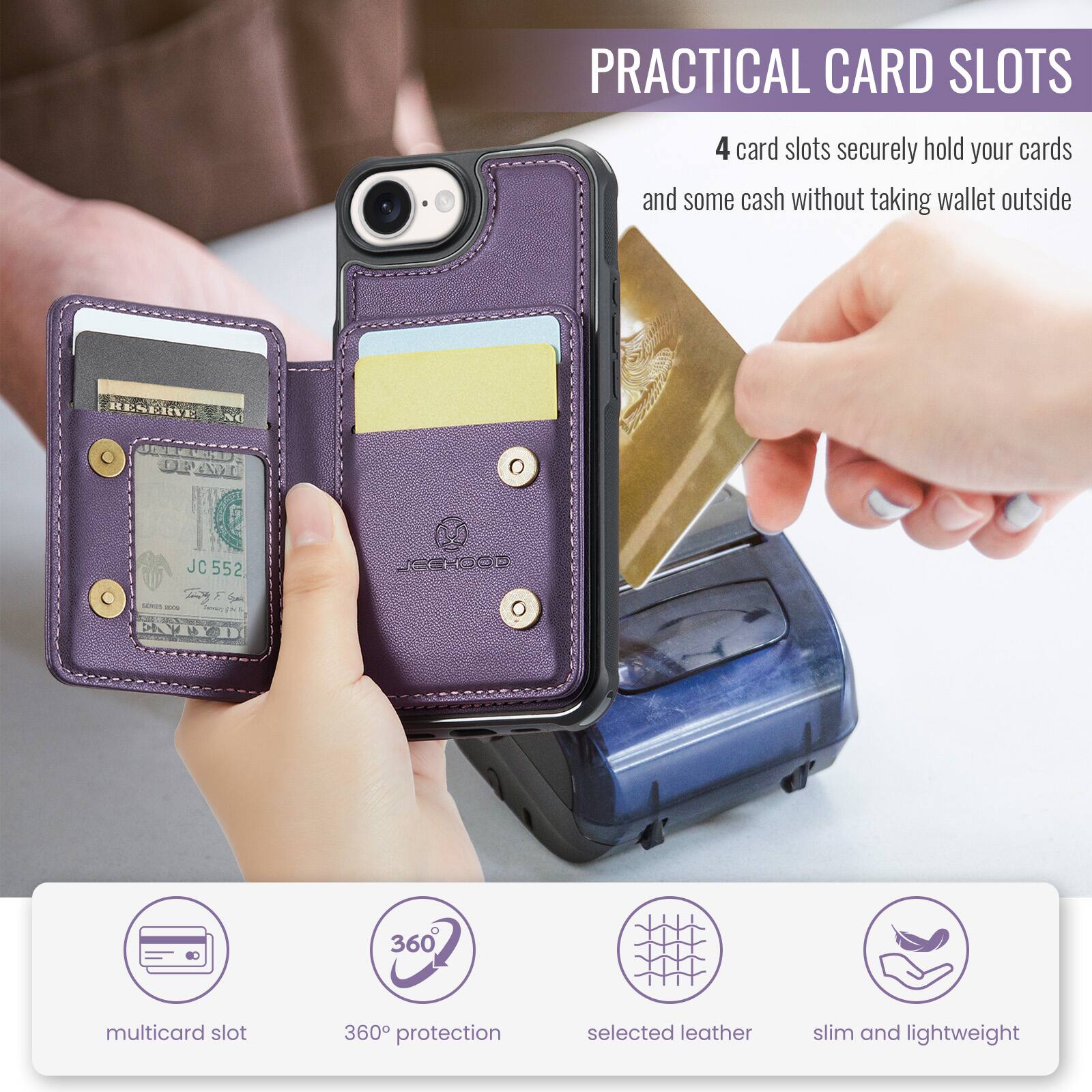 PRACTICAL CARD SLOTS

4 card slots securely hold your cards and some cash without taking wallet outside

JC 552 JCCHOOR F

360 multicard slot 360 protection selected leather slim and lightweight