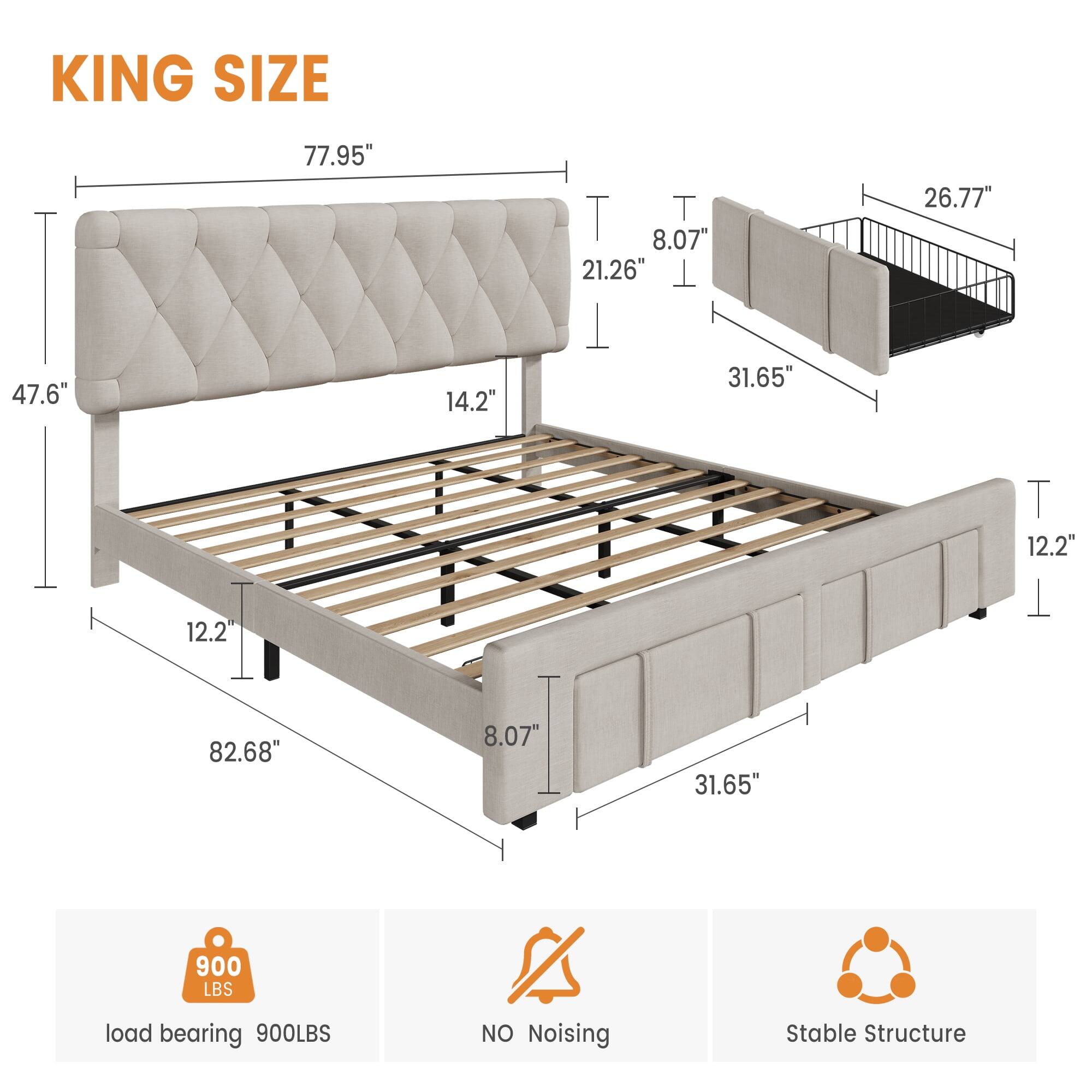 KING SIZE

- 77.95" (width)
- 47.6" (height)
- 14.2" (headboard height)
- 21.26" (side rail height)
- 8.07" (side rail width)
- 31.65" (side rail depth)
- 26.77" (side rail height from floor)
- 12.2" (side rail height from floor)
- 82.68" (length)
- 31.65" (side rail depth)
- 12.2" (side rail height from floor)

900 LBS load bearing

NO Noising

Stable Structure