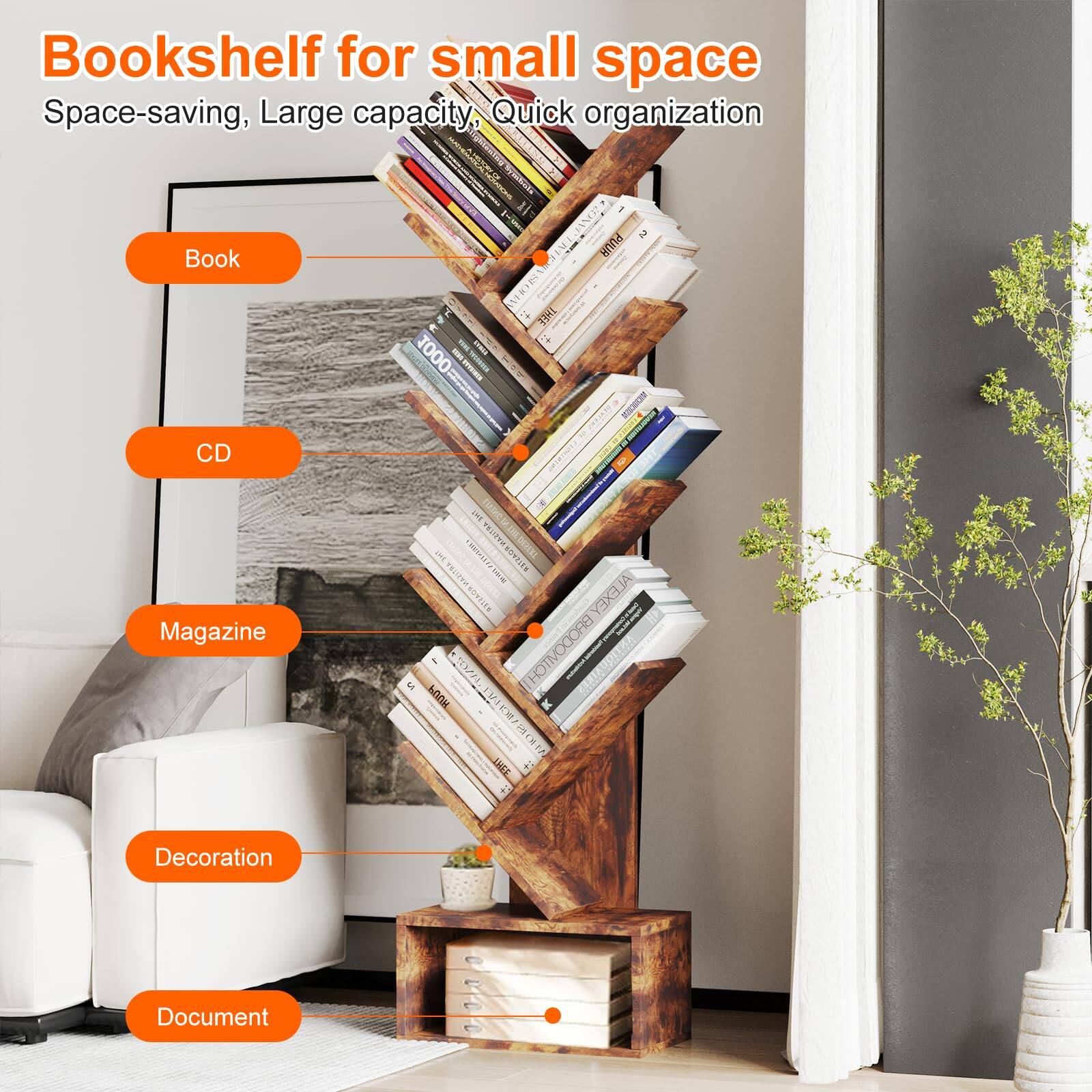 Bookshelf for small space  
Space-saving, Large capacity, Quick organization  

Book  
CD  
Magazine  
Decoration  
Document