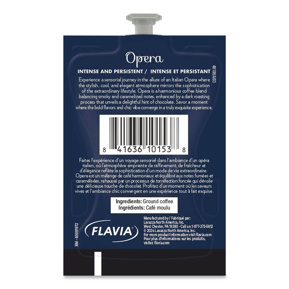 Opera  
INTENSE AND PERSISTENT / INTENSE ET PERSISTANT  

Experience a sensorial journey in the allure of an Italian Opera where the stylish, cool, and elegant atmosphere mirrors the sophistication of the extraordinary lifestyle. Opera is a harmonious coffee blend balancing smoky and caramelized notes, enhanced by a dark roasting process that unveils a delightful hint of chocolate. Savor a moment where the bold flavors and chic vibe converge in a truly exquisite experience.  

Faites l'expérience d'un voyage sensoriel dans l'ambiance d'un opéra italien, où l'atmosphère empreinte de raffinement, de fraîcheur et d'élégance reflète la sophistication d'un mode de vie extraordinaire. Opera est un mélange de café harmonieux et équilibré aux notes fumées et caramélisées, rehaussé par un processus de torréfaction foncé qui dévoile une délicieuse touche de chocolat. Profitez d'un moment où les saveurs vives et l'ambiance chic convergent en une expérience tout à fait exquise.  

Ingredients: Ground coffee / Café moulu  

FLAVIA  

