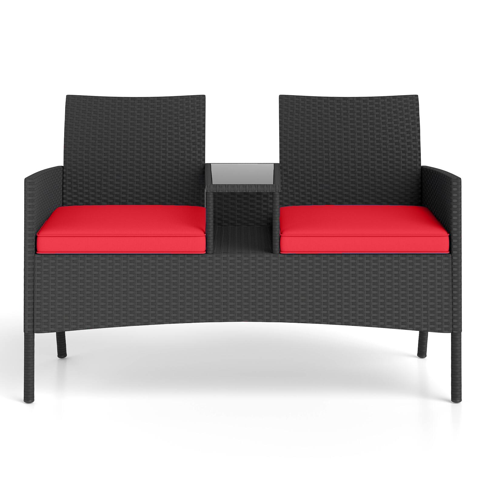 Alt View 9. Gymax - Gymax Patio Loveseat w/ Built-in Table Soft Cushions & Tempered Glass Tabletop Outdoor - Red, Black.