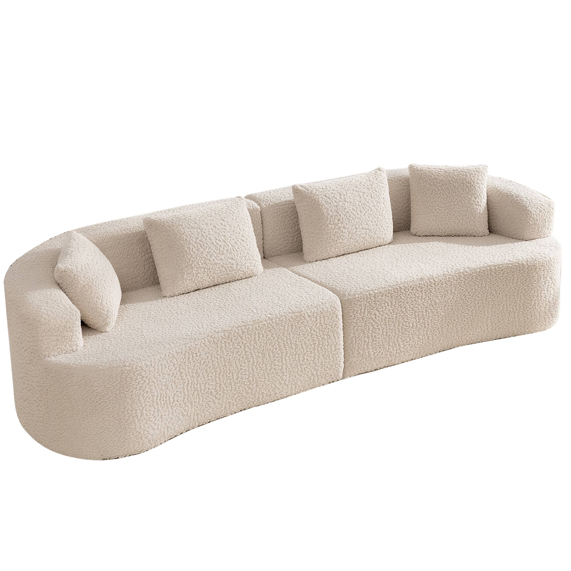 Angle. Brick Attic - 113 Wide Boucle Upholstered Curved Sofa with 4 Pillows,High Denslysponge  Half Moon Living Room Sofa - Beige.