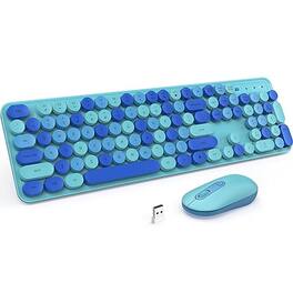 Comfort Essence - Wireless And Mouse Combo Round Keycaps Retro Typewriter Silent Auto Sleep Connection For Pcwindowsmac pink - Blue