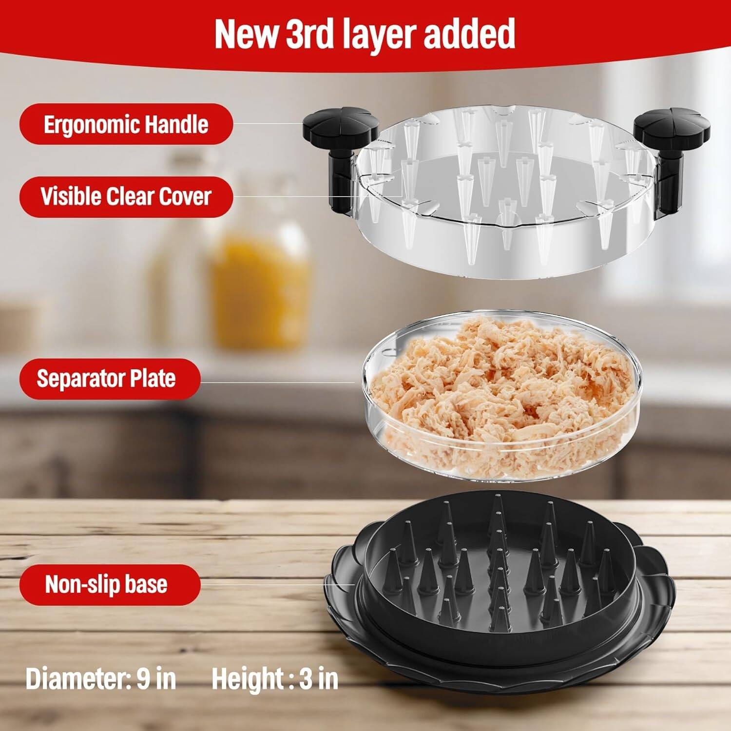 New 3rd layer added

- Ergonomic Handle
- Visible Clear Cover
- Separator Plate
- Non-slip base

Diameter: 9 in  
Height: 3 in