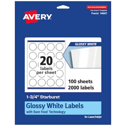 Go to avery.com/templates
AVERY
Use Avery Template Presta 94607
GLOSSY WHITE
20 labels per sheet
100 sheets
2000 labels
1-3/4" Starburst Glossy White Labels with Sure Feed Technology for Laser/Inkjet