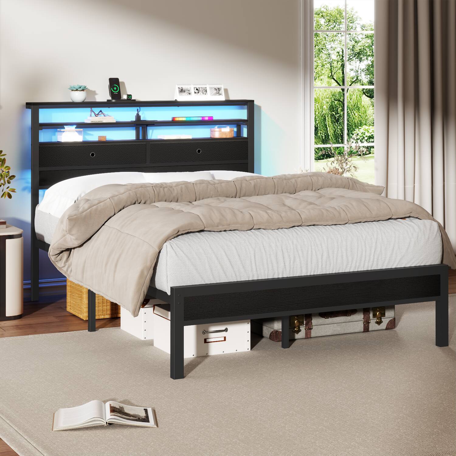 Left. Furnulem - Bed Frame With RGB Led Lights Bed With Headboard Charging Station Black Oack - Black.
