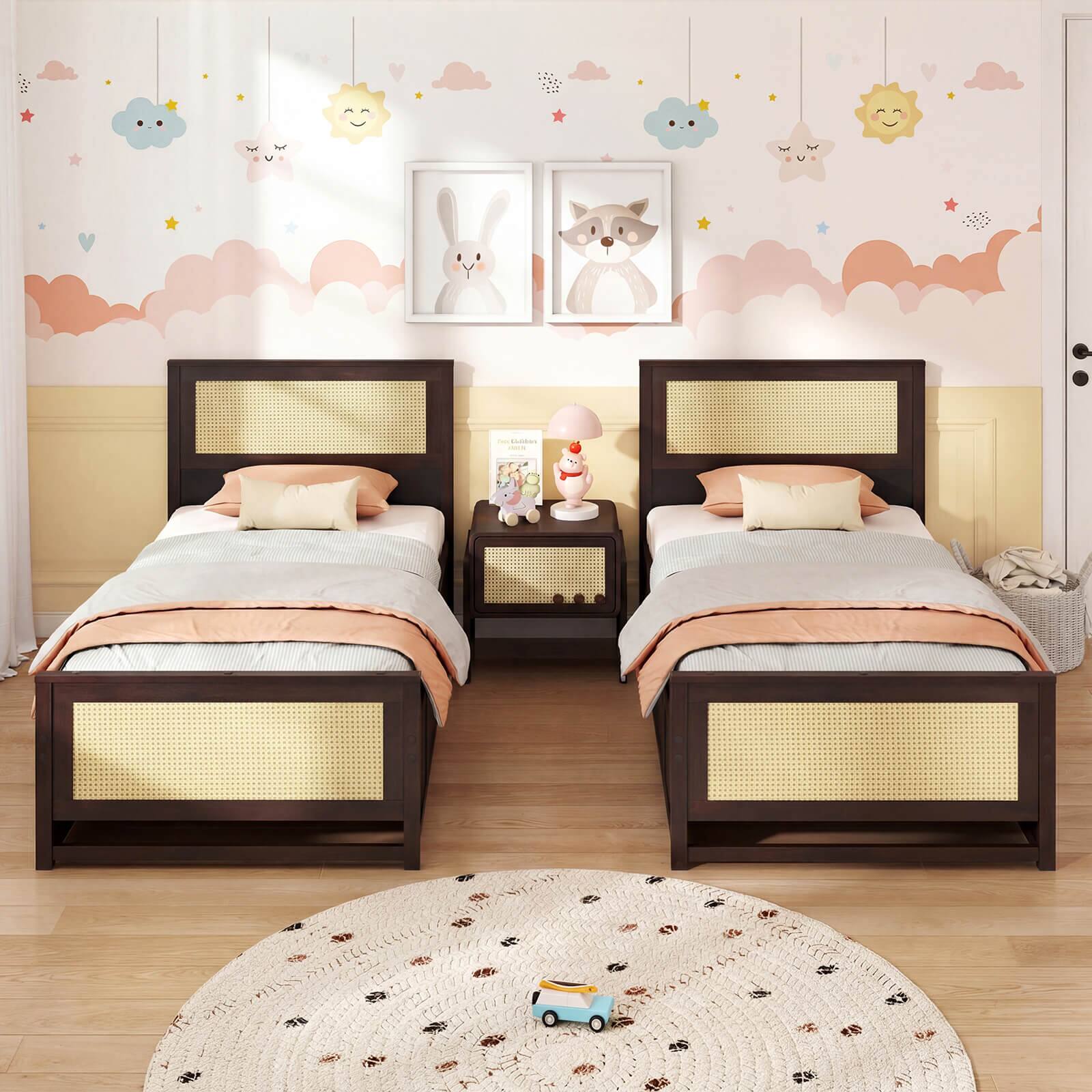 Alt View 5. Costway - Costway Twin Size Rattan Bed Frame with Storage Drawers, Rattan Woven Headboard & Footboard - Espresso.