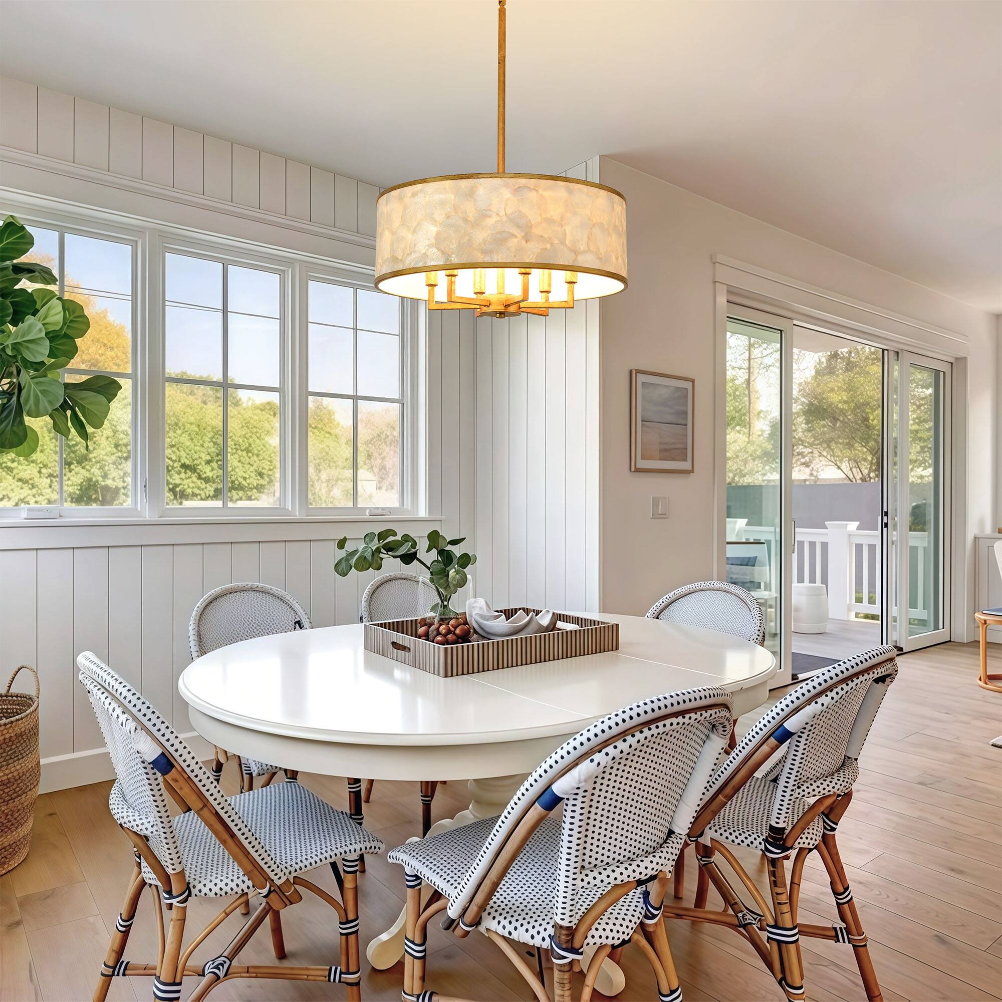 Left. RYHNUYNE - Modern 5-Light Gold Drum Chandelier With Natural Shell Shade, Adjustable Pendant For Dining Room And Foyer - GOLD.