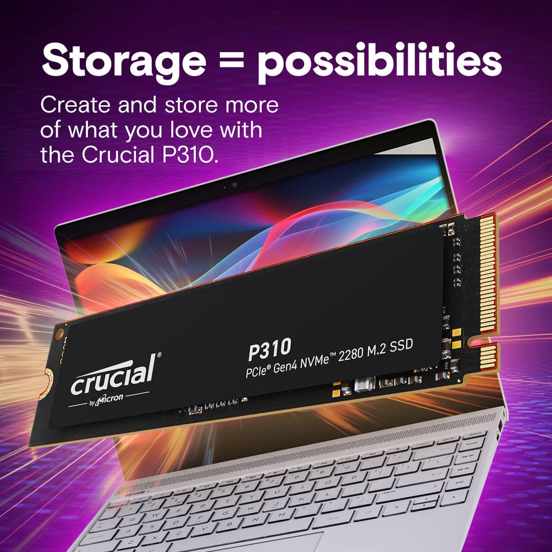 Storage = possibilities. Create and store more of what you love with the Crucial P310. Crucial P310 M.2 SSD 2280 Gen4 NVMe PCle L6 > 2200 MHz.