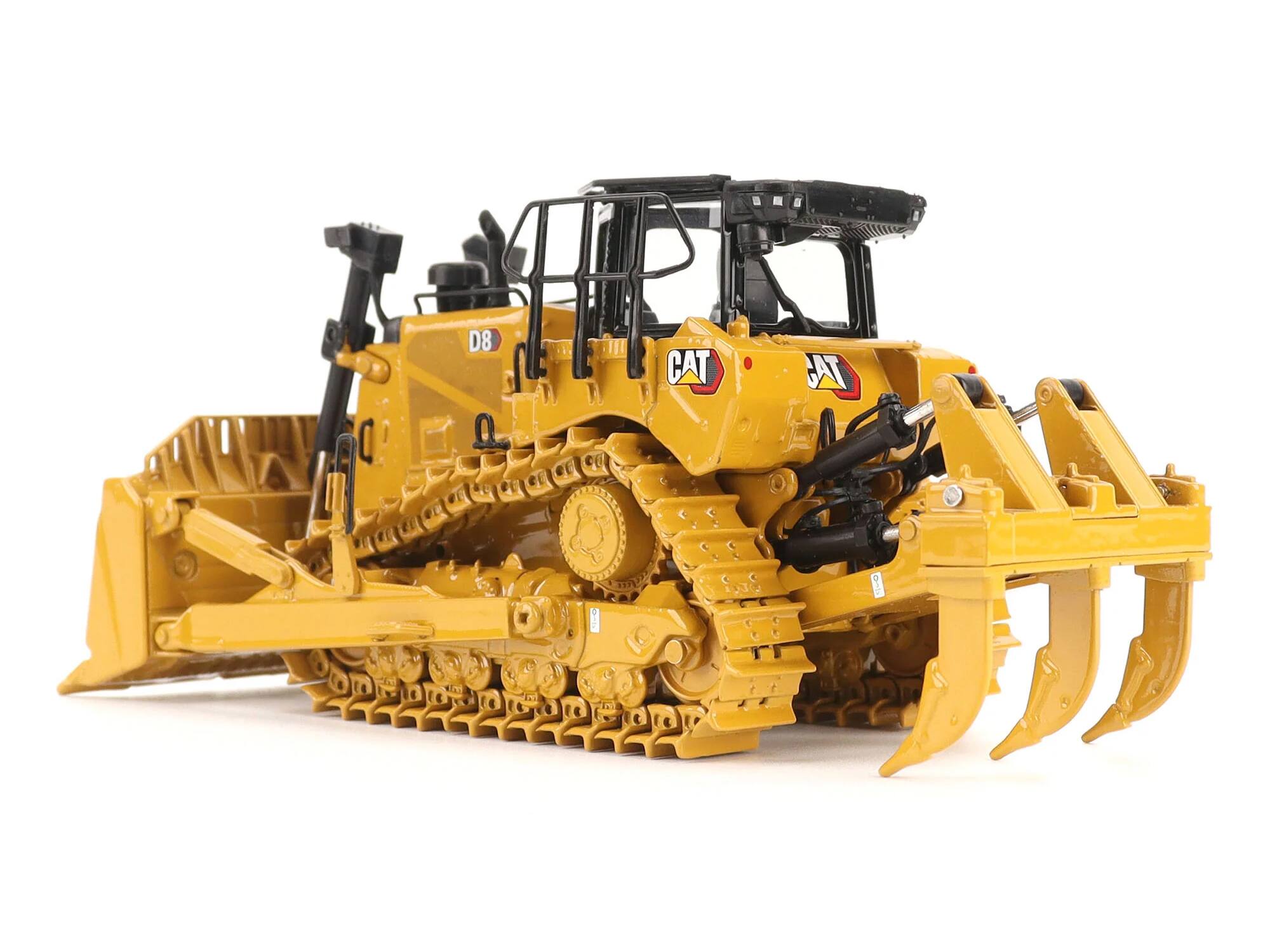 Left. Diecast Masters - CAT Caterpillar D8 Track-Type Dozer (Standard Configuration) Yellow "High Line" Series  1/50 Diecast - Yellow .