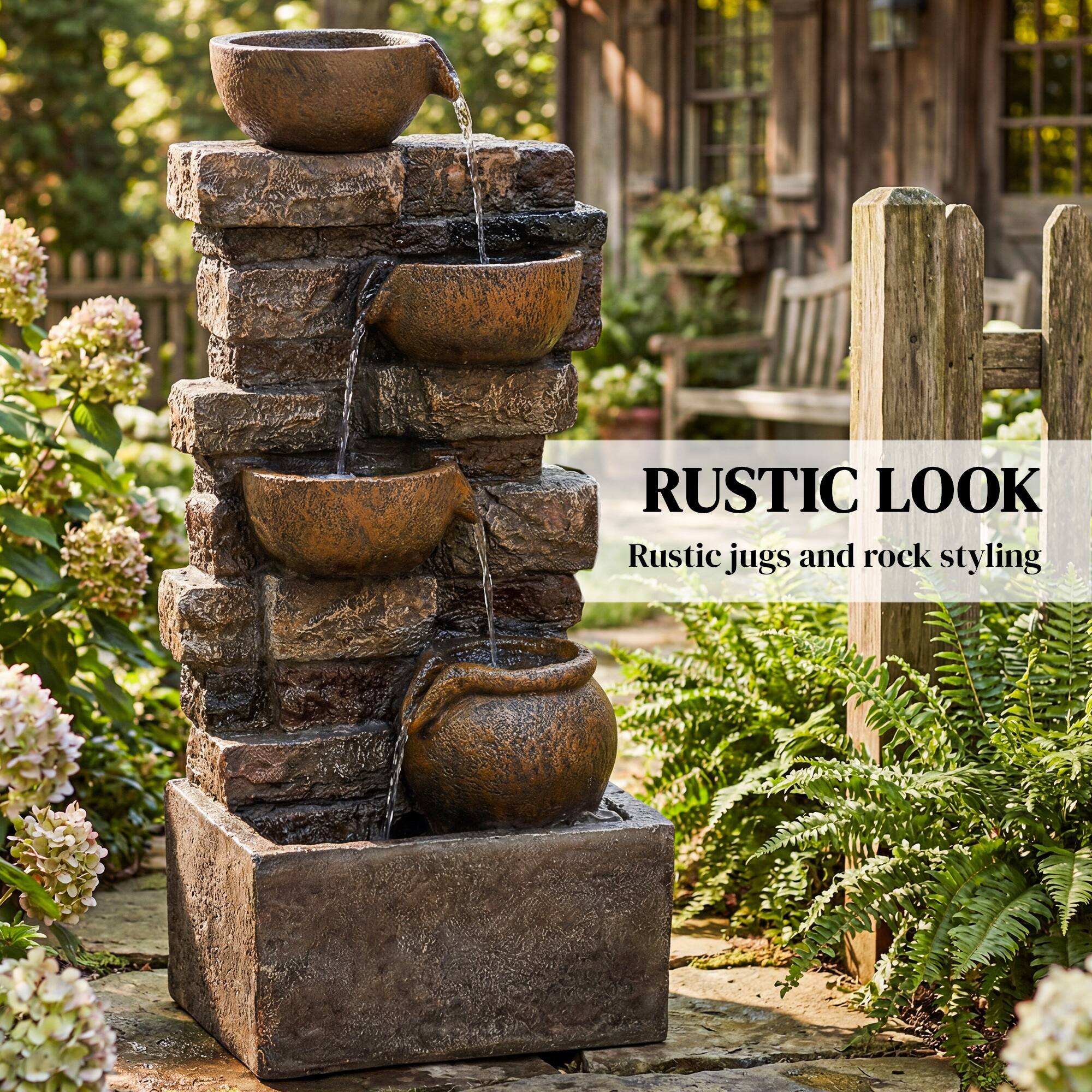 RUSTIC LOOK  
Rustic jugs and rock styling