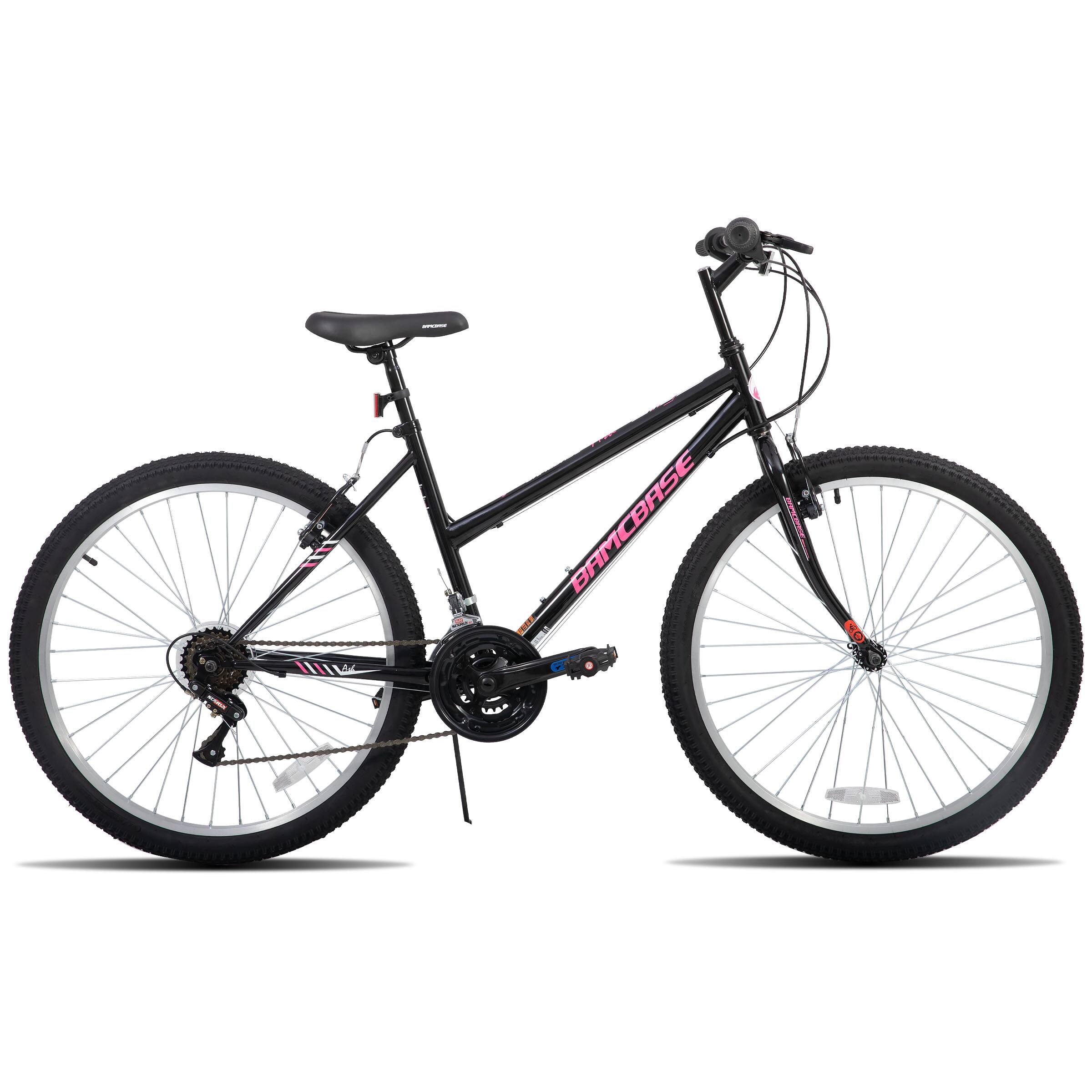 Angle. HILAND - BAMCBASE Lavender 24'' Step-through Mountain Bike with 18-Speed, High-Tensile Steel Frame Bicycle, MTB Women, Black - black.