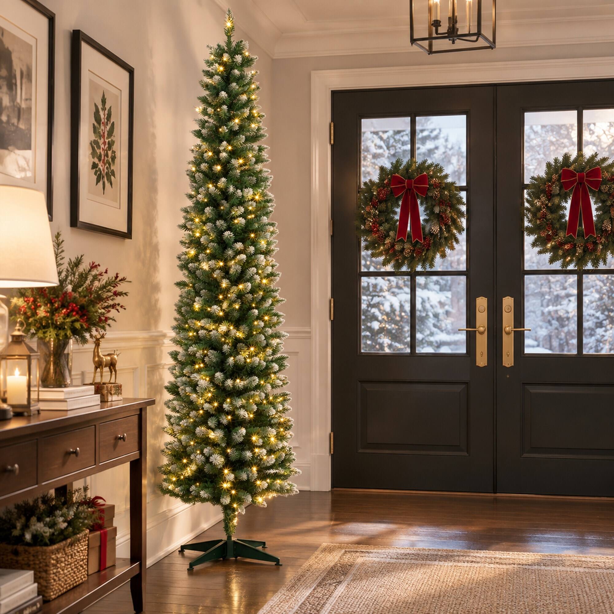 Alt View 2. RYHNUYNE - 8FT Pre-Lit Flocked Pencil Christmas Tree With Dual-Color Green White LED Lights and Remote, 11 Modes - Green,White.