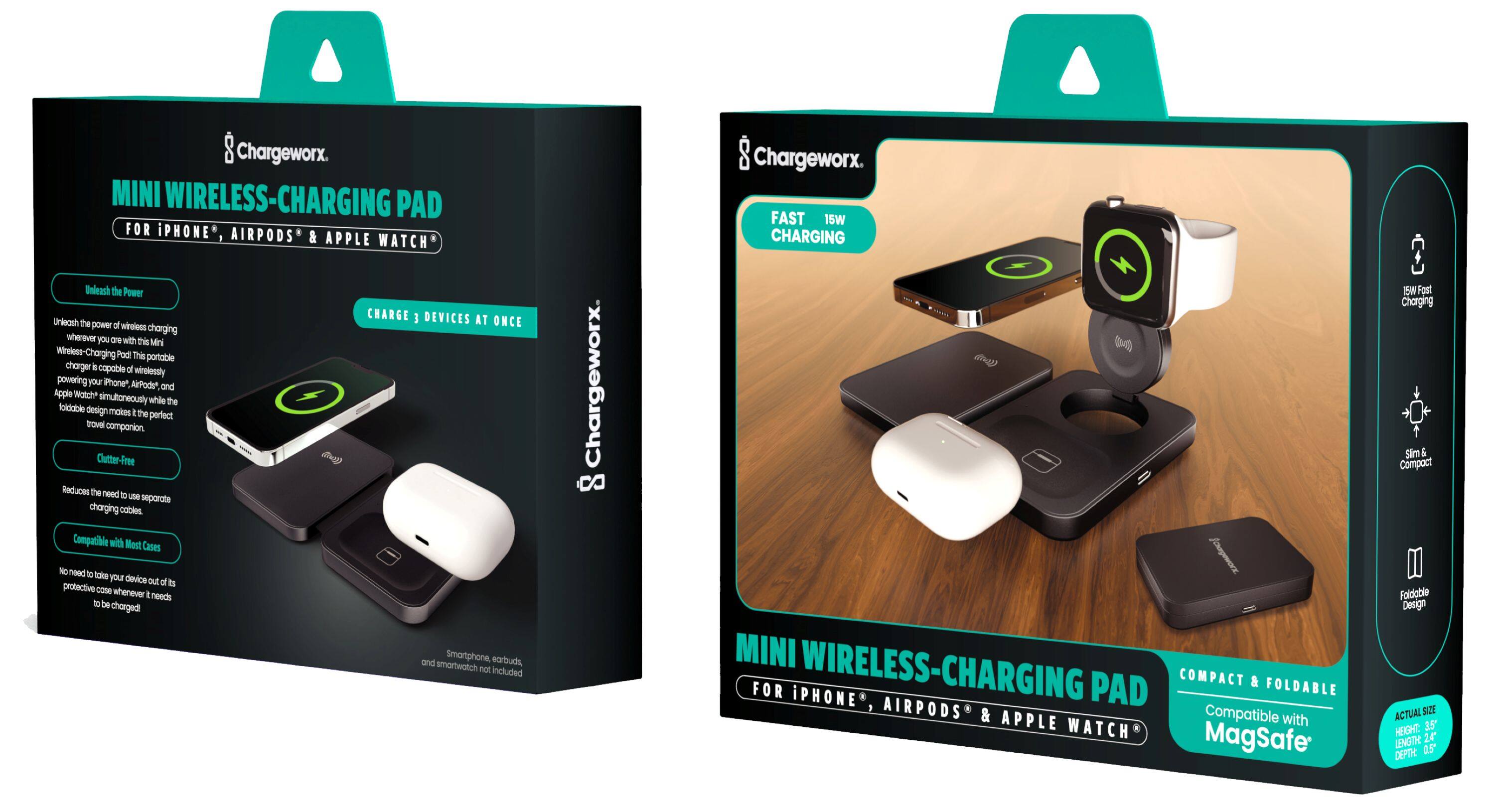 Chargeworx MINI WIRELESS-CHARGING PAD FOR PHONE, AIRPODS & APPLE WATCH. This portable charger is capable of wirelessly powering your Phone, AirPods, and Apple Watch simultaneously. The foldable design makes it the perfect travel companion. Clutter-free, reduces the need for separate charging cables. Compatible with most cases and protective covers whenever the device needs to be charged. Smartphone earbuds and smartwatch not included.