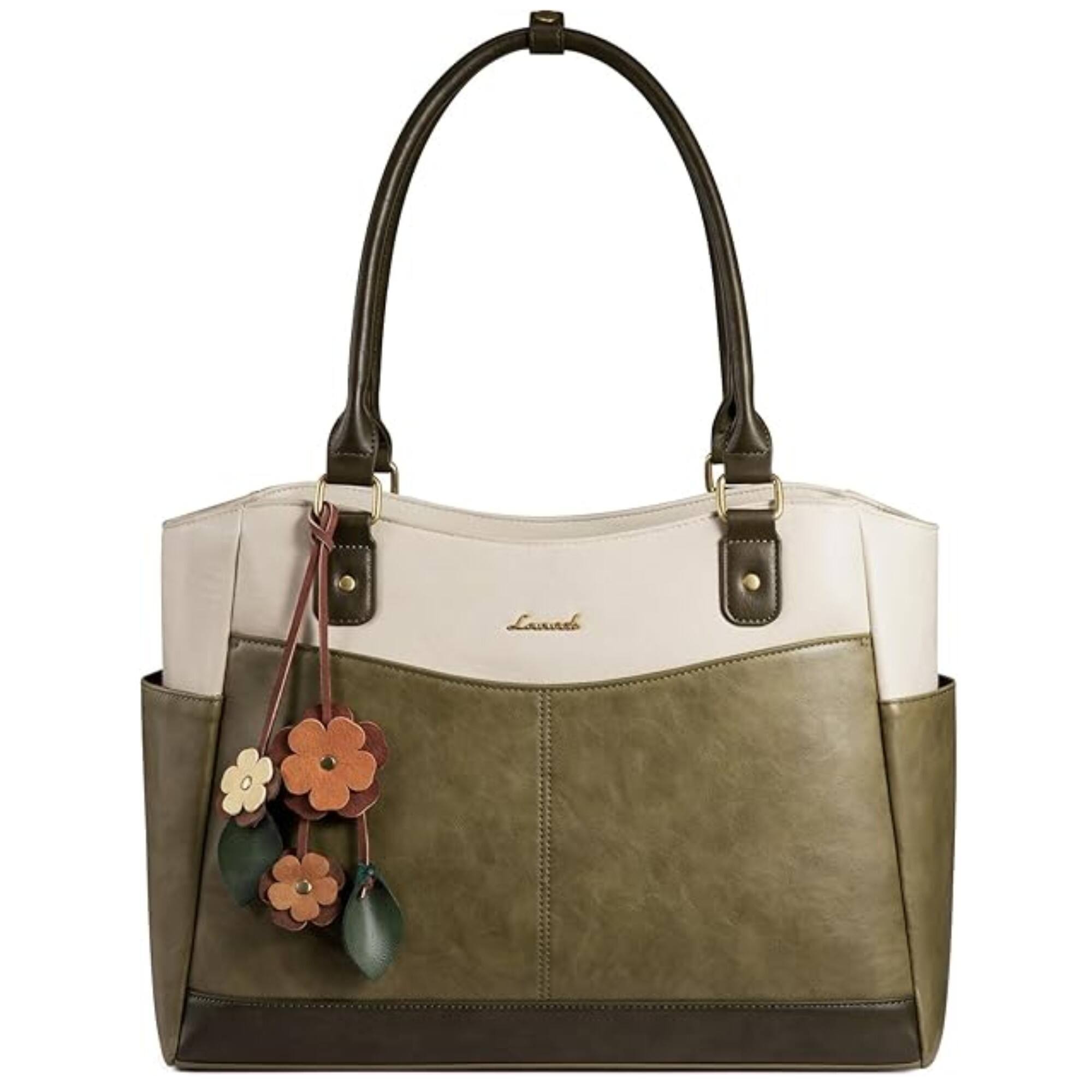 Front. LOVEVOOK - LOVEVOOK Laptop Bag for Women, Original Vintage Work Tote Bag Computer Office Teacher Bag with Flower Pendant - Green.