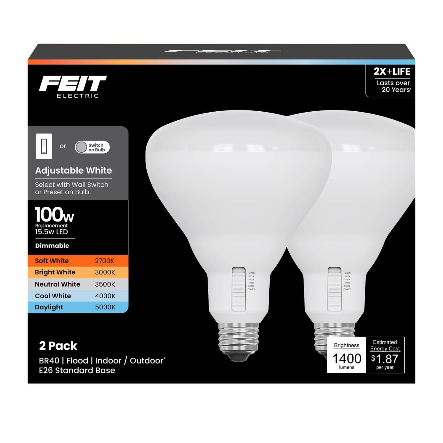 FEIT ELECTRIC - Feit BR40 E26 (Medium) LED Bulb Adjustable White 100 Watt Equivalence 2 pk price history on PriceWatchPro