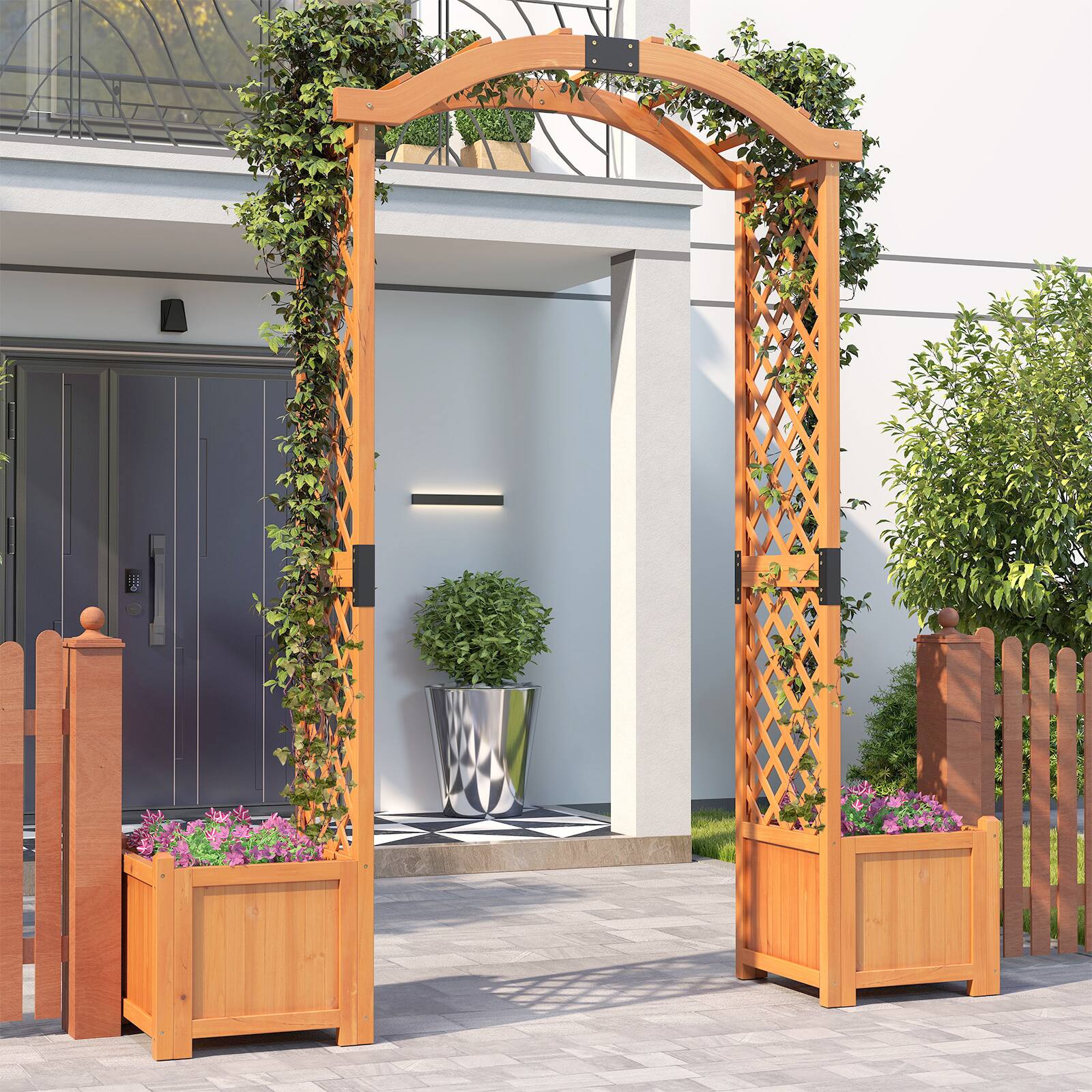 Alt View 3. Gymax - Gymax Wooden Garden Arbor w/ 2 Planter Boxes Drainage 6 FT Solid Wood Arbour Trellis Yellow - Yellow.