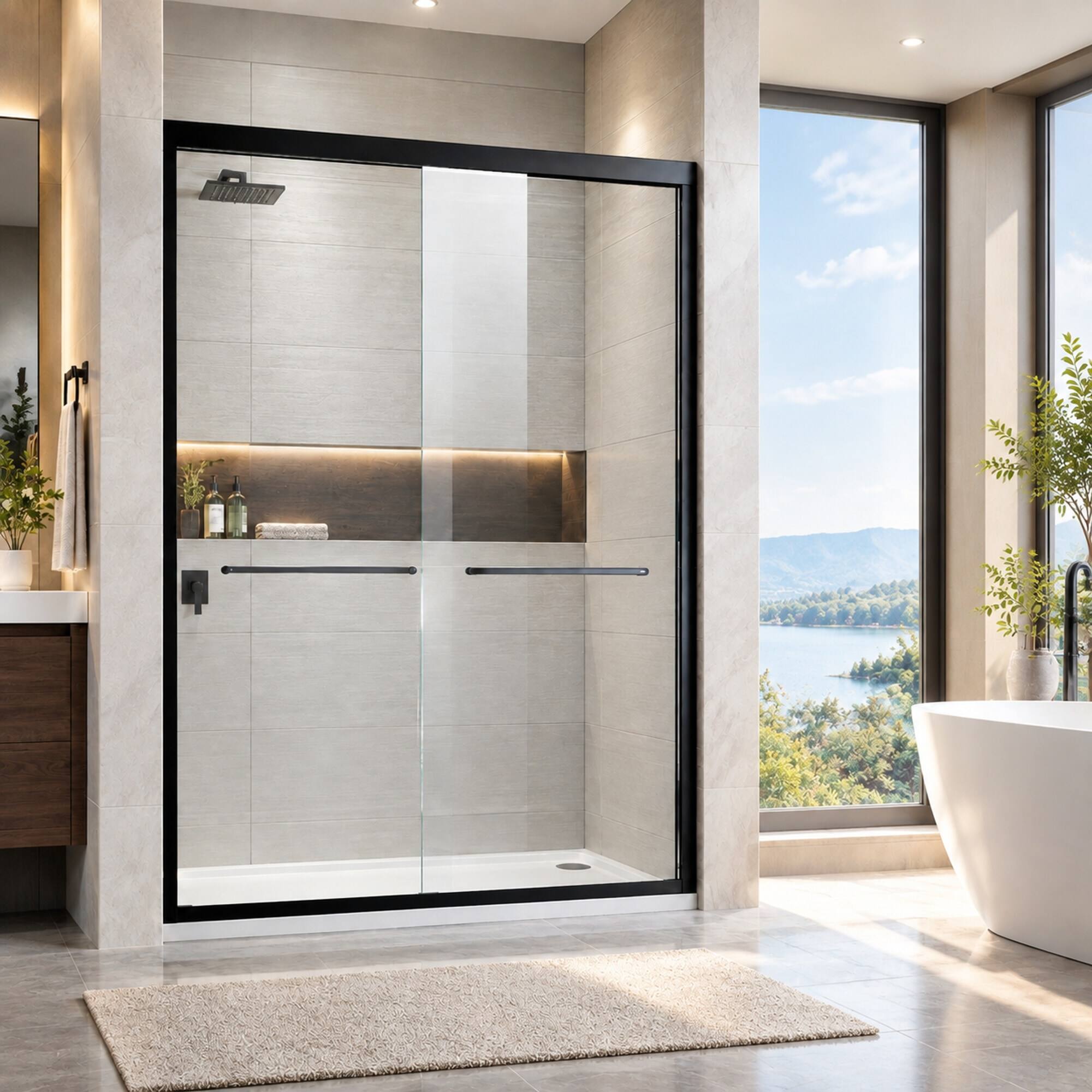 Alt View 4. RYHNUYNE - 44-48 In W X 72 In H Semi-Frameless Sliding Shower Door, Clear Tempered Glass With Stainless Steel Handles Black Finish - Matt Black.
