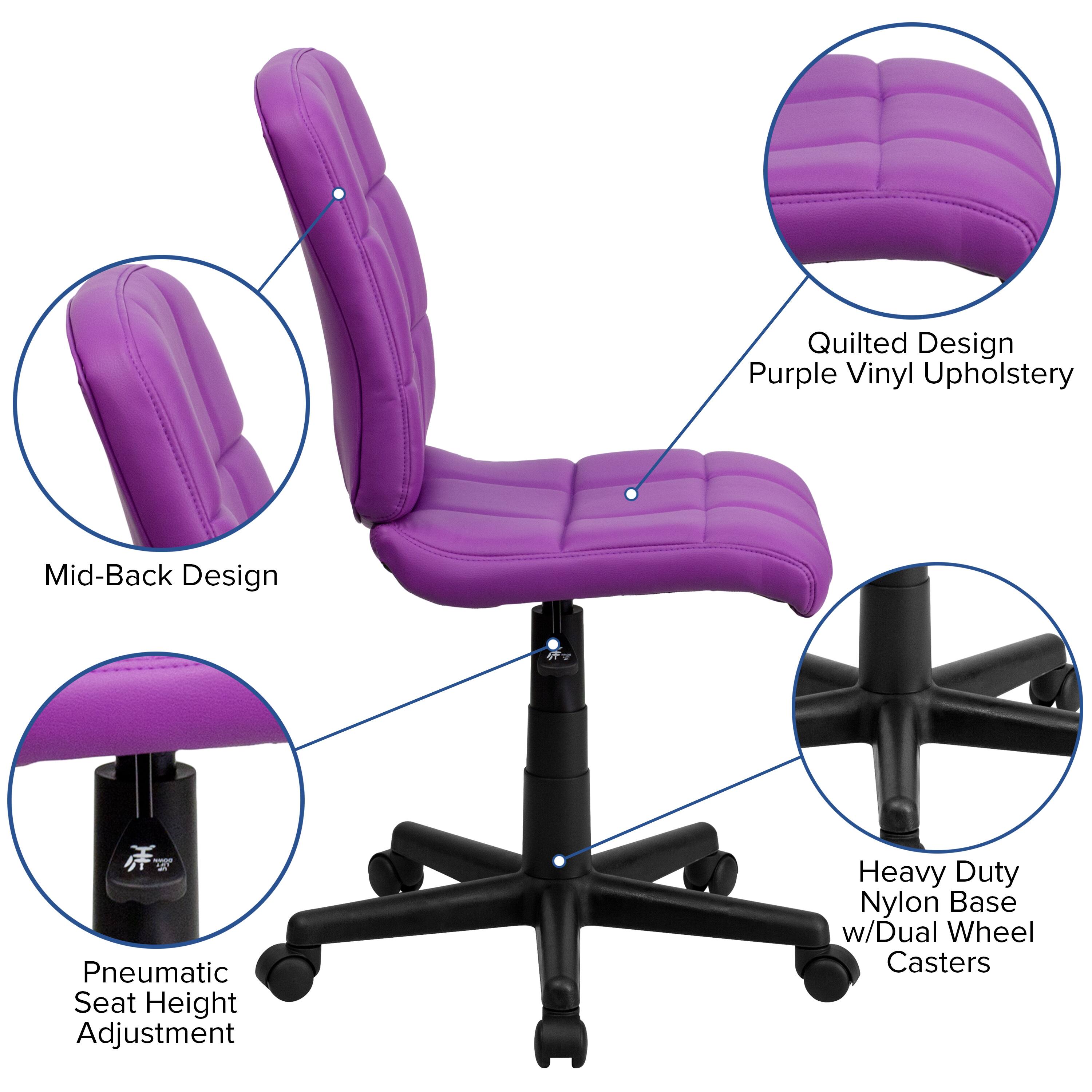 Quilted Design Purple Vinyl Upholstery  
Mid-Back Design  
Pneumatic Seat Height Adjustment  
Heavy Duty Nylon Base w/Dual Wheel Casters