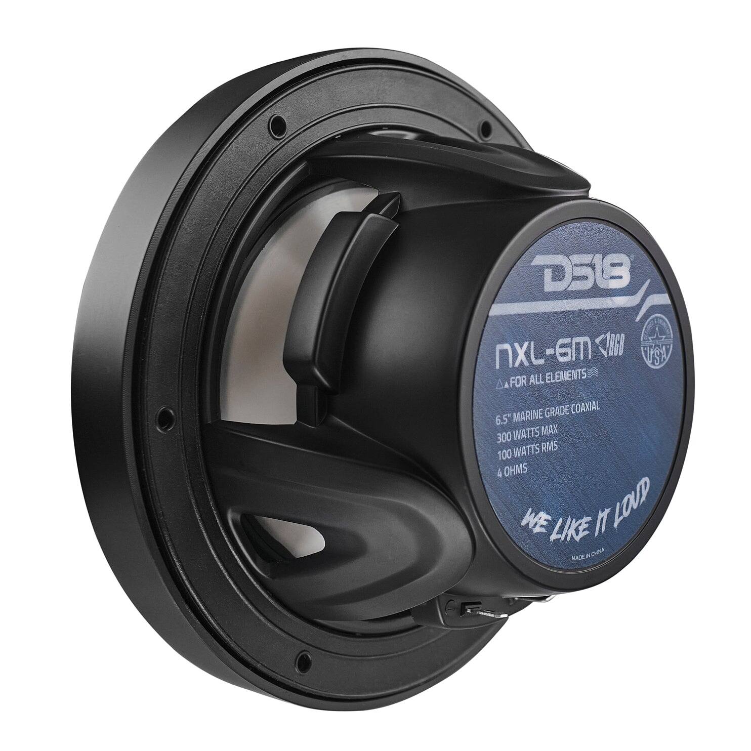 D518 NXL-GM TIII USAI Ai FOR ALL ELEMENTS MARINE GRADE COAXIAL 6.5 WATTS MAX 300 WATTS RMS 100 4 OHMS WE LIKE IT LOUD MADE IN KONA
