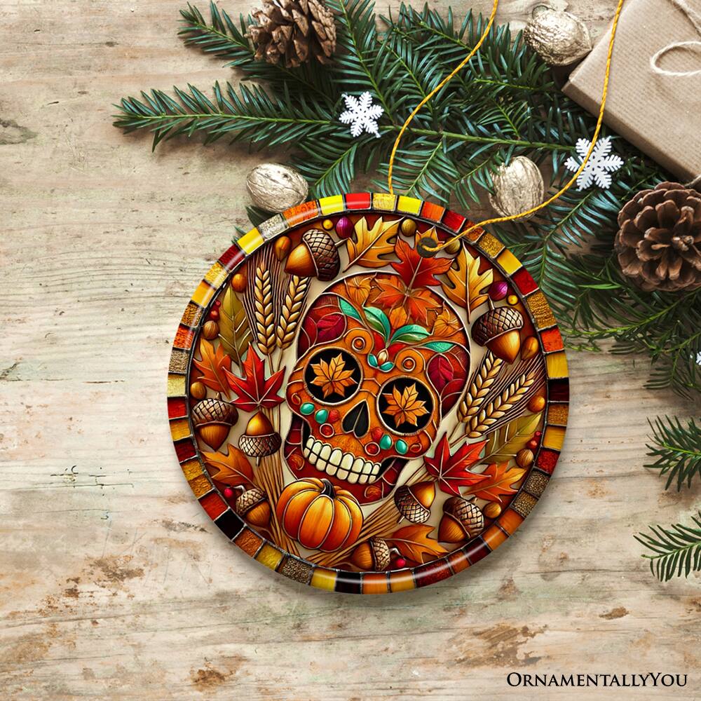 Back. OrnamentallyYou - Autumn Harvest Sugar Skull Ornament Vibrant Fall Foliage Christmas Gift and Decor - Multi-colored.