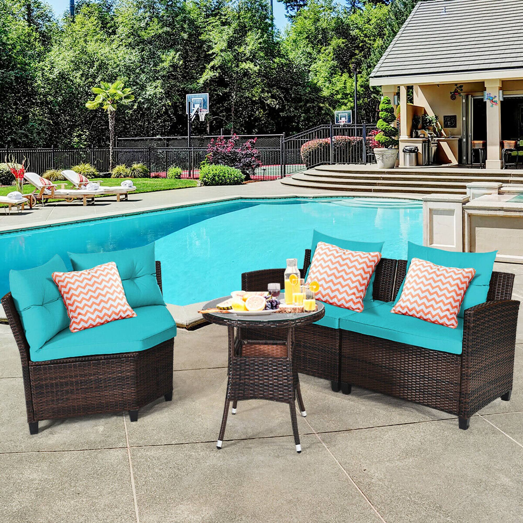 Alt View 2. Gymax - Gymax 4PCS Patio Furniture Set Outdoor Rattan Sectional Sofa Set w/ Turquoise Cushions - Turquoise.