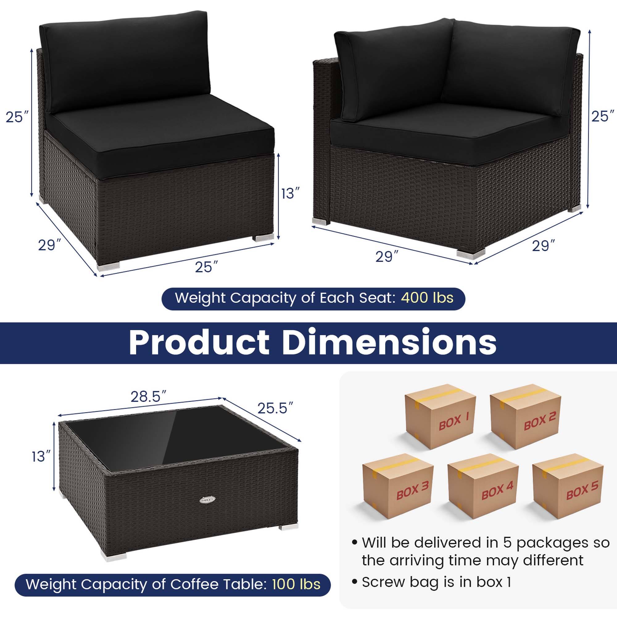 Sure, here is the corrected and grouped text from the image:

---

**Product Dimensions**

- **Armchair:**
  - Height: 25"
  - Width: 25"
  - Depth: 13"
  - Seat Height: 29"
  - Seat Width: 25"

- **Sofa:**
  - Height: 25"
  - Width: 29"
  - Depth: 29"

- **Coffee Table:**
  - Height: 13"
  - Width: 28.5"
  - Depth: 25.5"

**Weight Capacity:**
- Each Seat: 400 lbs
- Coffee Table: 100 lbs

**Delivery Information:**
- Will be delivered in 5 packages so the arriving time may differ
- Screw bag is in box 1

---