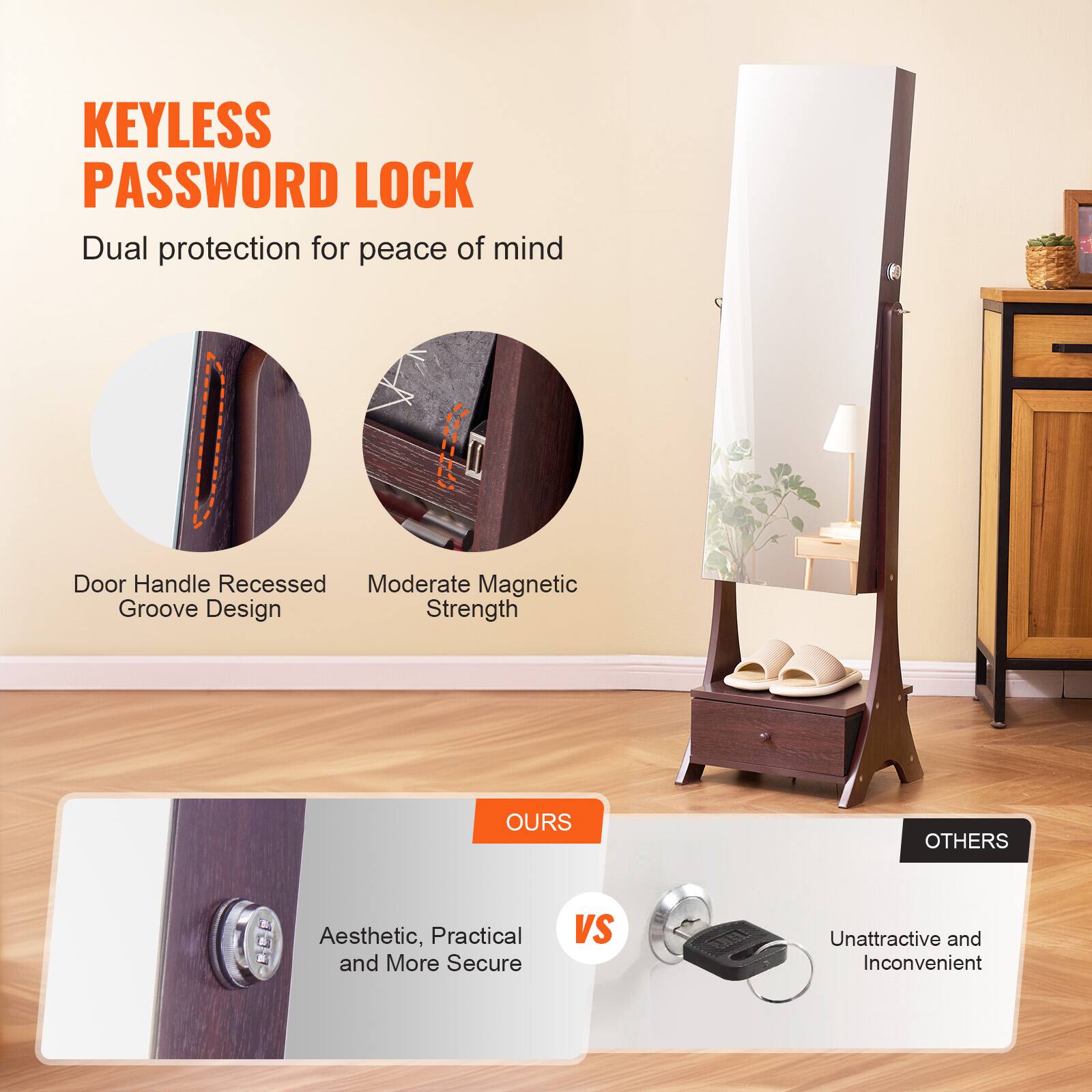 KEYLESS PASSWORD LOCK  
Dual protection for peace of mind  

Door Handle Recessed Groove Design  
Moderate Magnetic Strength  

OURS  
Aesthetic, Practical and More Secure  

VS  

OTHERS  
Unattractive and Inconvenient