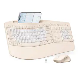 PRIMEPLUS - Wireless Keyboard & Mouse Combo, 2.4G Ergonomic Full Size Wave Keys with Wrist Rest & Phone Holder, 3-DPI Silent Mouse - Milk Tea-B