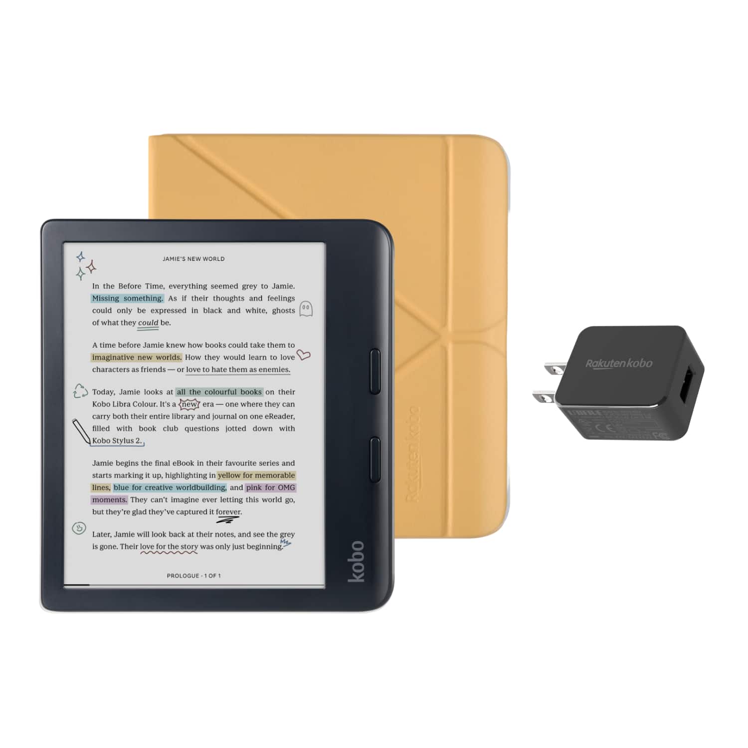 Kobo - Libra Colour eReader (Black) with and AC Bundle - 2024 - Butter Yellow SleepCover