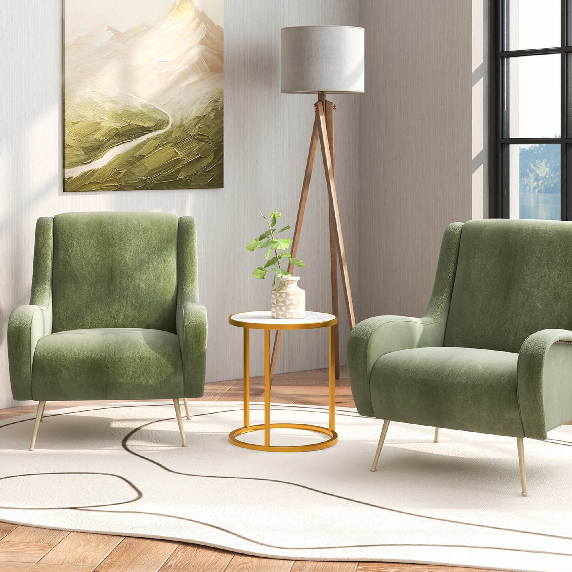 Alt View 3. Gymax - Gymax 2PCS Sintered Stone Top Round Side Table 16''x16'' End Table w/ Golden Metal Frame Gold - White + Gold.