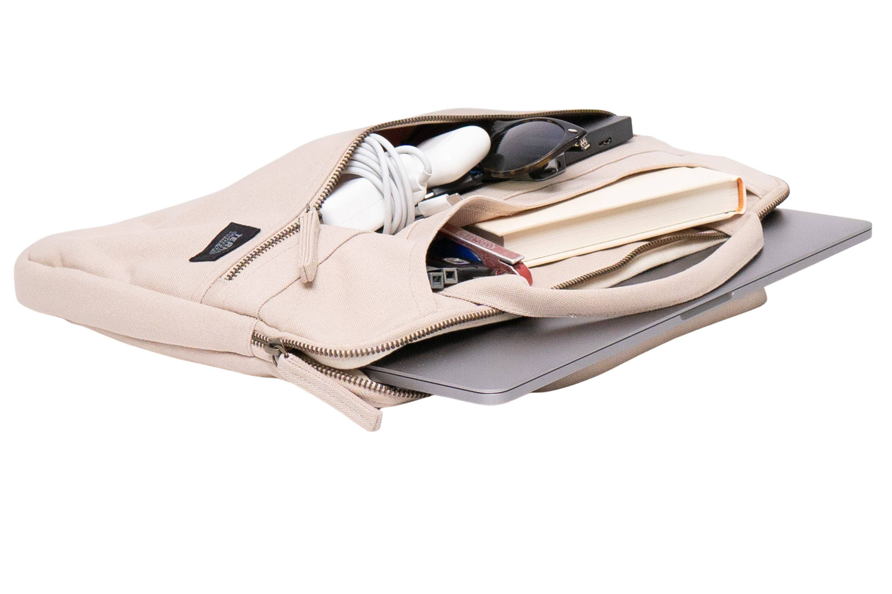 Left. Terra Thread - Organic Cotton Laptop Sleeve With Handles - Beige.