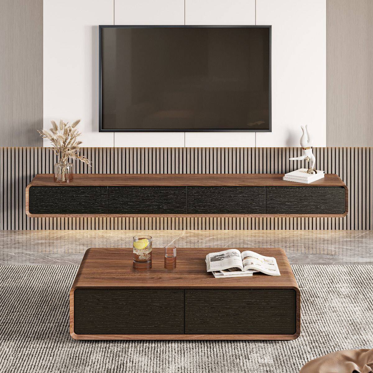 Alt View 4. POVISON - 95" Minimalist Floating TV Stand,Black & Brown - Black & Brown.
