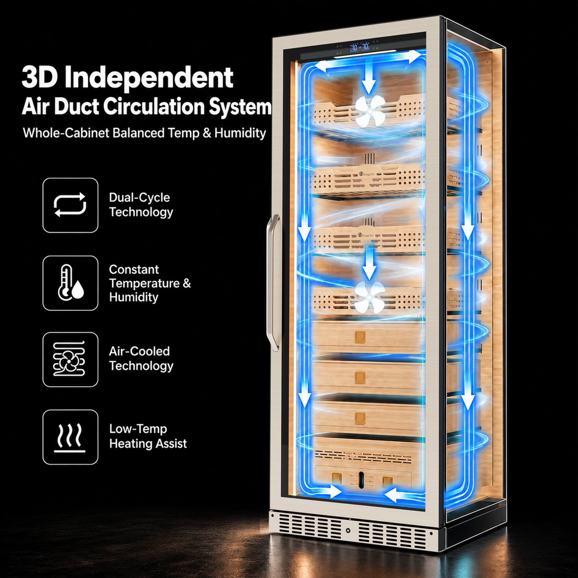 3D Independent Air Duct Circulation System  
Whole-Cabinet Balanced Temp & Humidity

- Dual-Cycle Technology
- Constant Temperature & Humidity
- Air-Cooled Technology
- Low-Temp Heating Assist