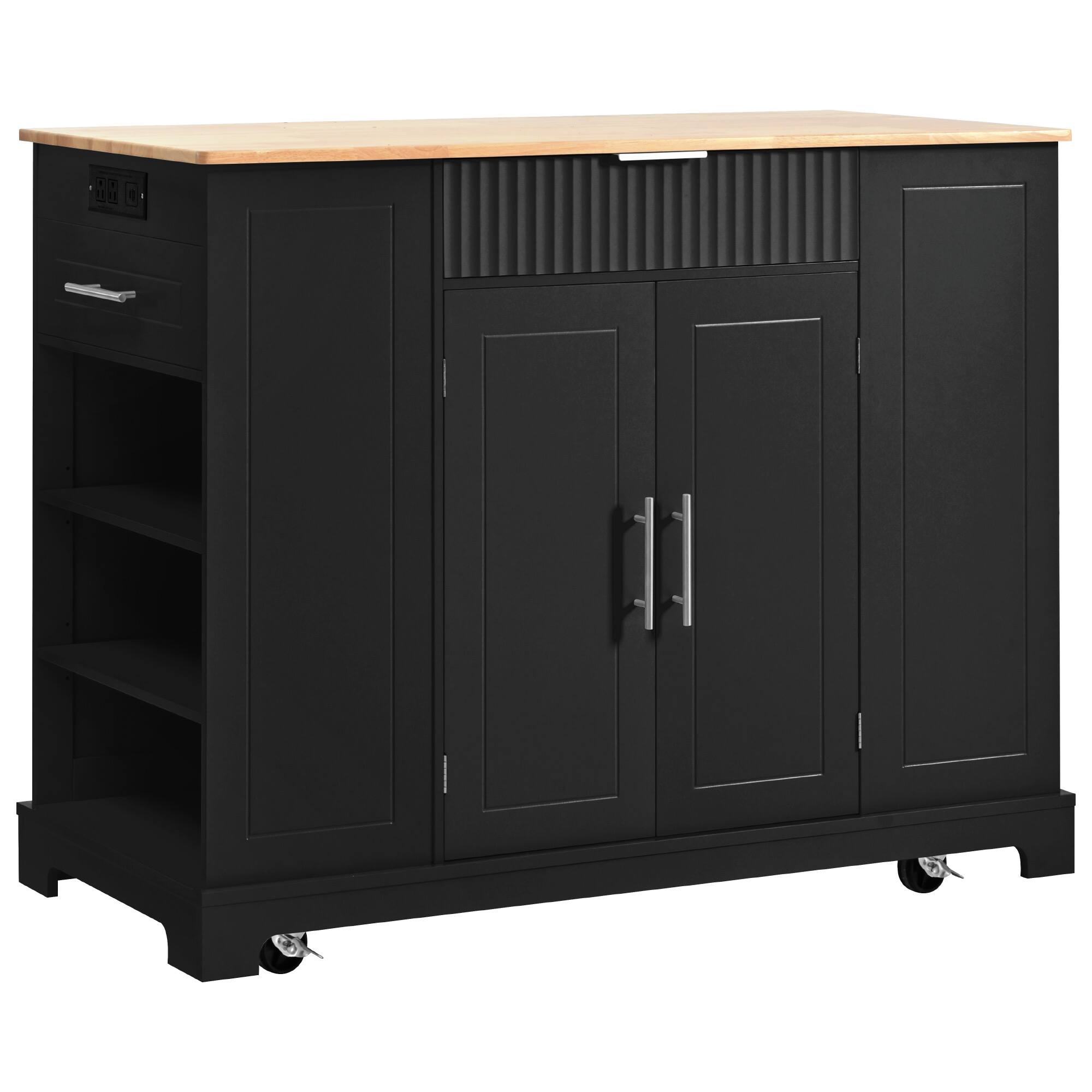 Back. Whisen - Fluted Kitchen Island Cart with Power Outlet & Trash Can Storage for Kitchen and Dining Room - Black.