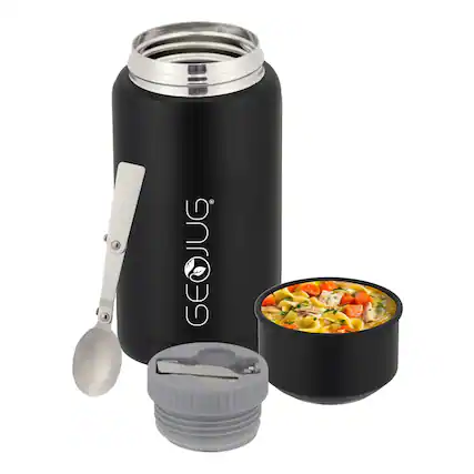 Front. Brentwood - Brentwood GEOJUG 25oz Insulated Stainless Steel Food Jar in Black with Bowl and Folding Spoon.
