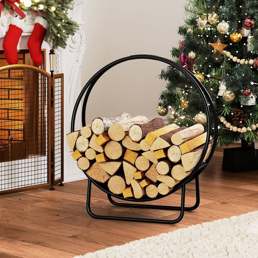 Designer Log Rack Gymax 20'' Round Heavy duty Metal Curved Log Rack w/Stand for Fireplace ...