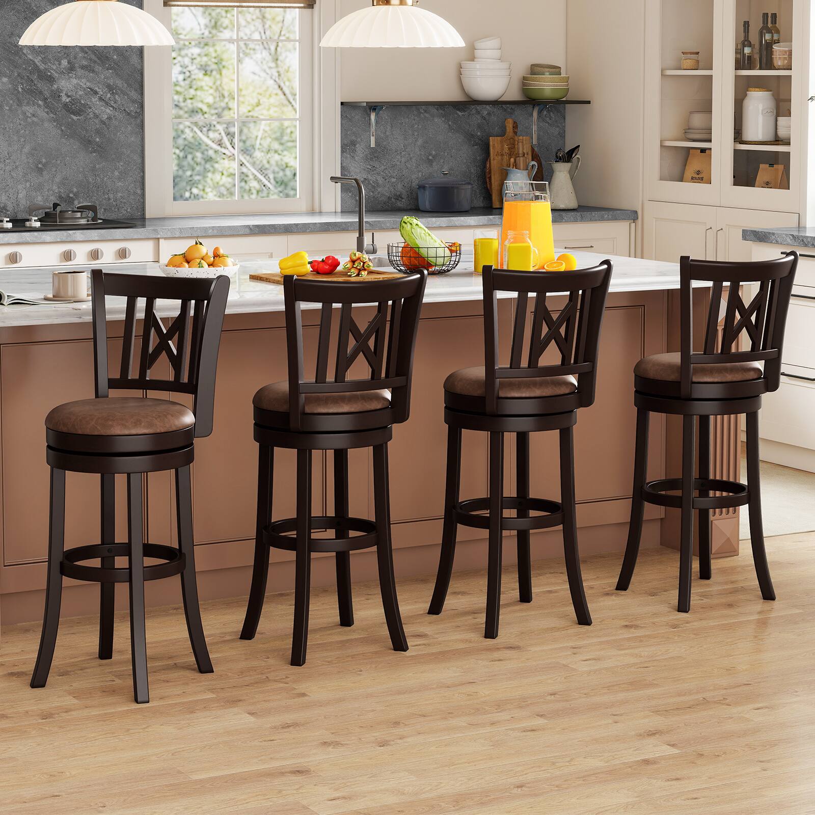 Alt View 1. Gymax - Gymax Set of 4 Bar Stools 30'' Swivel Bar Chairs w/ Footrest Hollowed Backrest - Coffee, Brown.