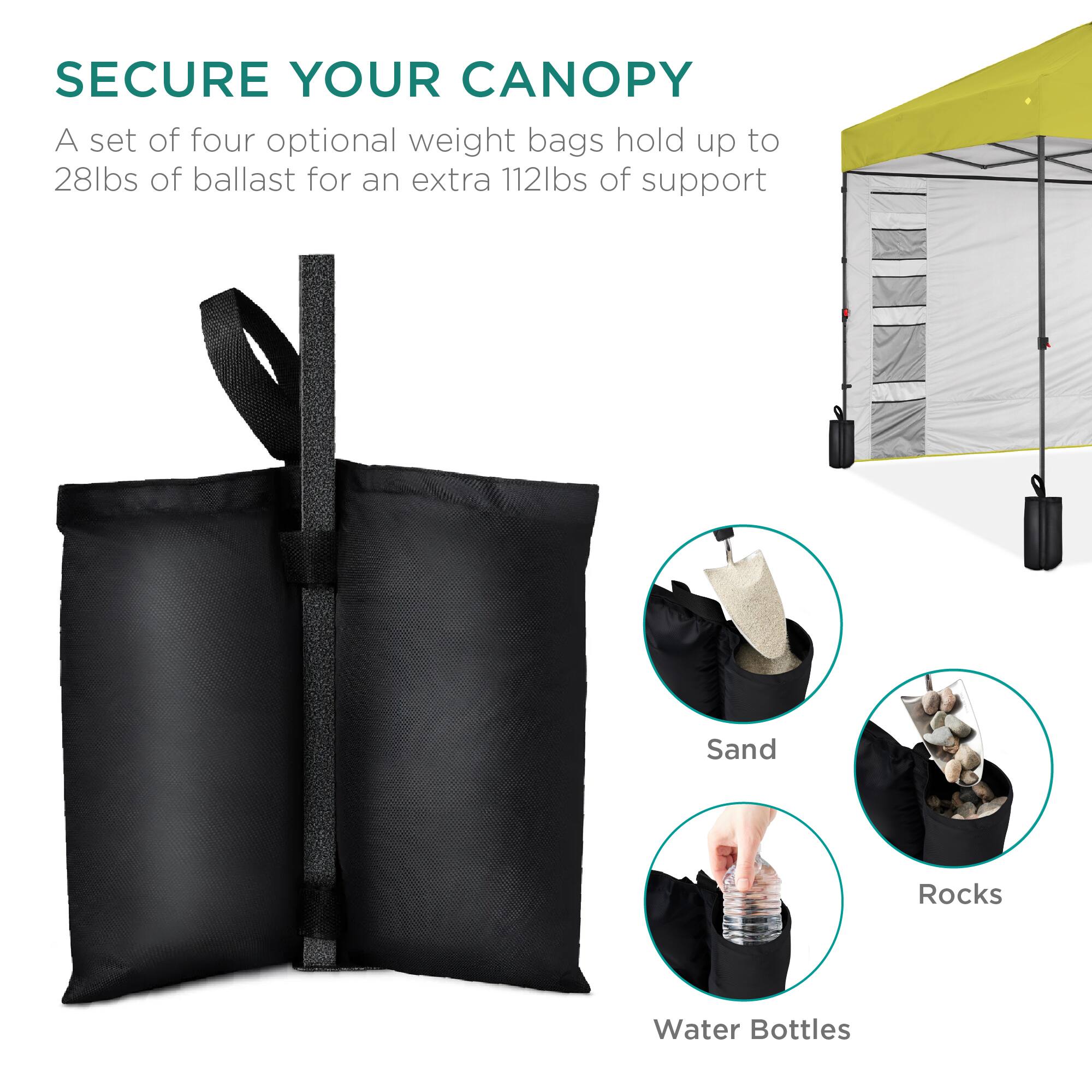 SECURE YOUR CANOPY

A set of four optional weight bags hold up to 28lbs of ballast for an extra 112lbs of support

Sand  
Rocks  
Water Bottles