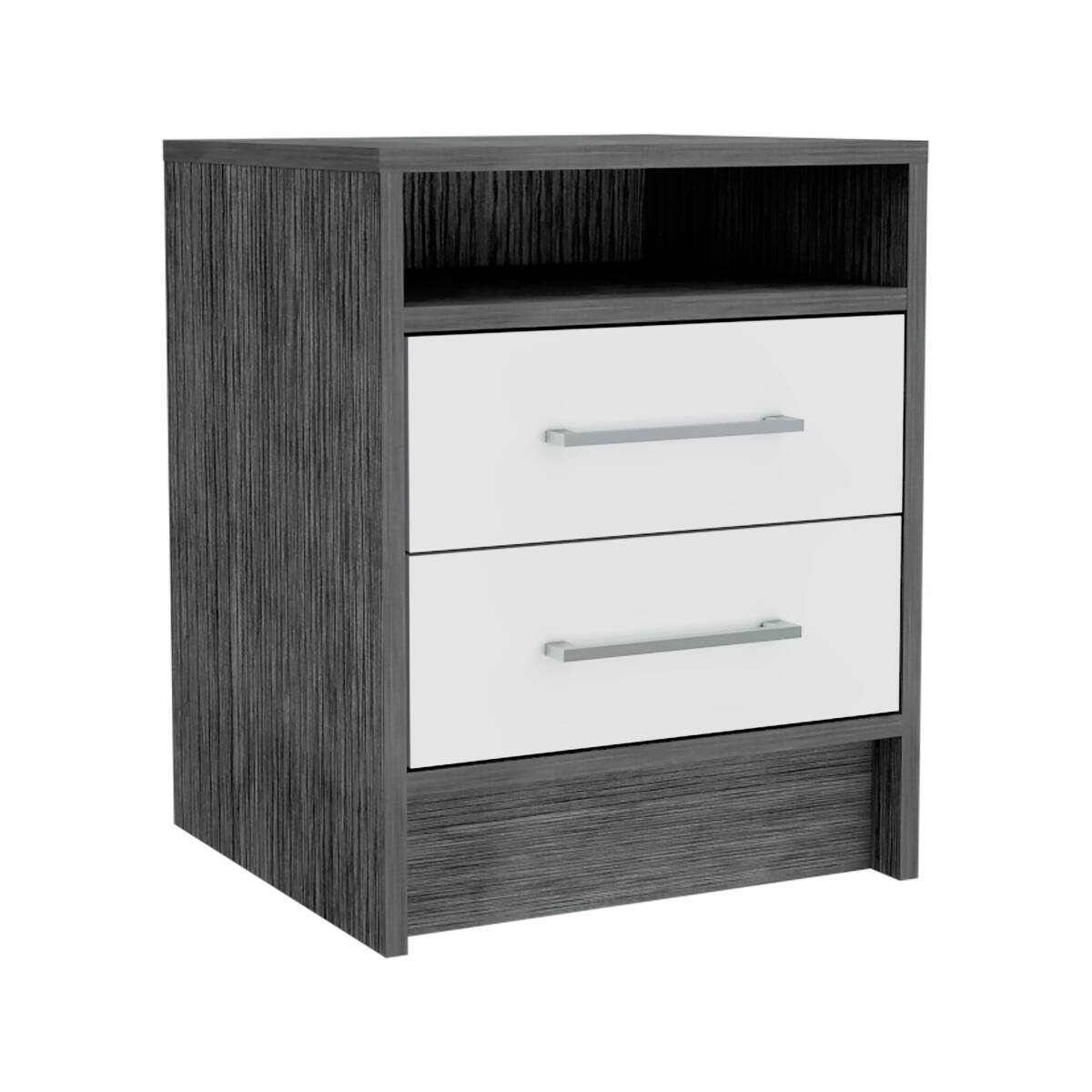 Alt View 2. Loheer - Loheer Two Drawer Nightstand with Open Shelf, Smoky Oak and White, Modern Bedroom Storage - Smoky Oak and White.