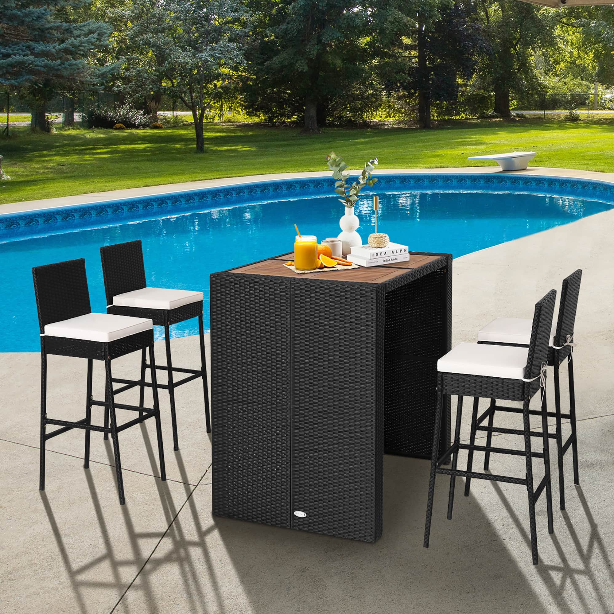 Costway - 5-Piece Patio PE Wicker Bar Set Outdoor Acacia Wood Dining Table Stool Bistro - Black + Off-White