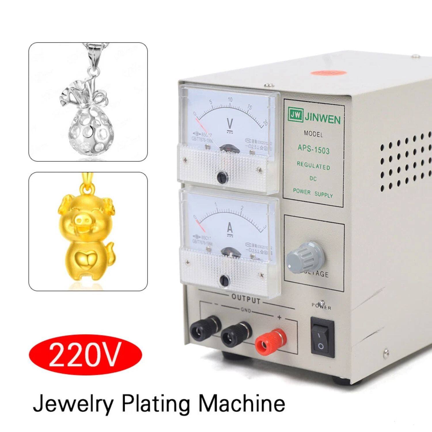 JW JINWEN  
MODEL APS-1503  
REGULATED DC POWER SUPPLY  

220V  
Jewelry Plating Machine  

OUTPUT  
GND  
POWER  

VOLTS  
CURRENT  

SOLVAGE