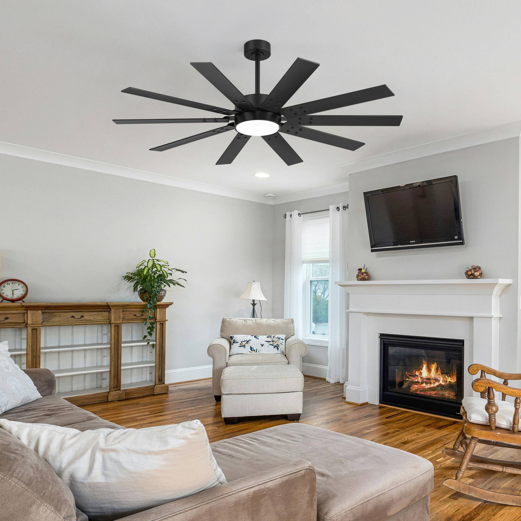 Alt View 6. Breezary - 60-In LED Indoor Ceiling Fan, 10 Plywood Blades, 6-Speed DC Motor,  Remote Control, Multi Timer, 6"/12" Downrods - Black.
