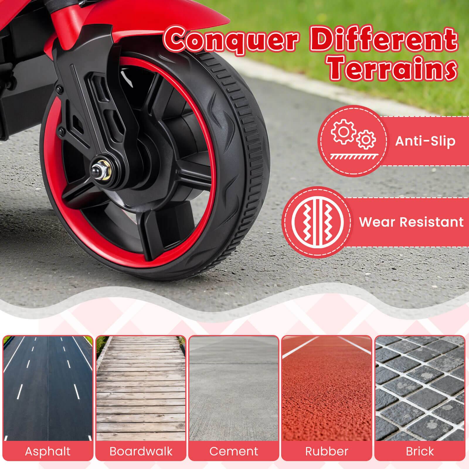 Conquer Different Terrains

Anti-Slip  
Wear Resistant

Asphalt  
Boardwalk  
Cement  
Rubber  
Brick